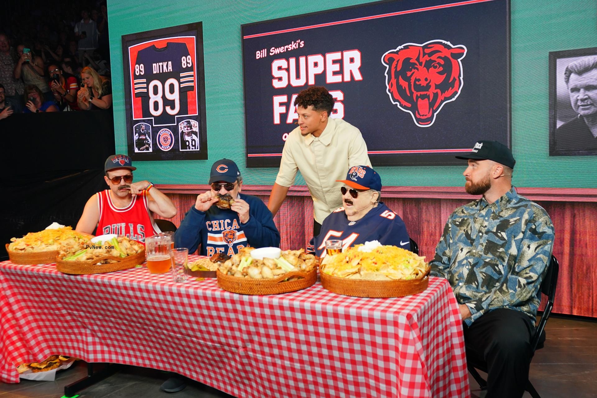 Jason Sudeikis, Robert Smigel, Patrick Mahomes, George Wendt and Travis Kelce perform o<i></i>nstage during 2024 Big Slick Celebrity Weekend.