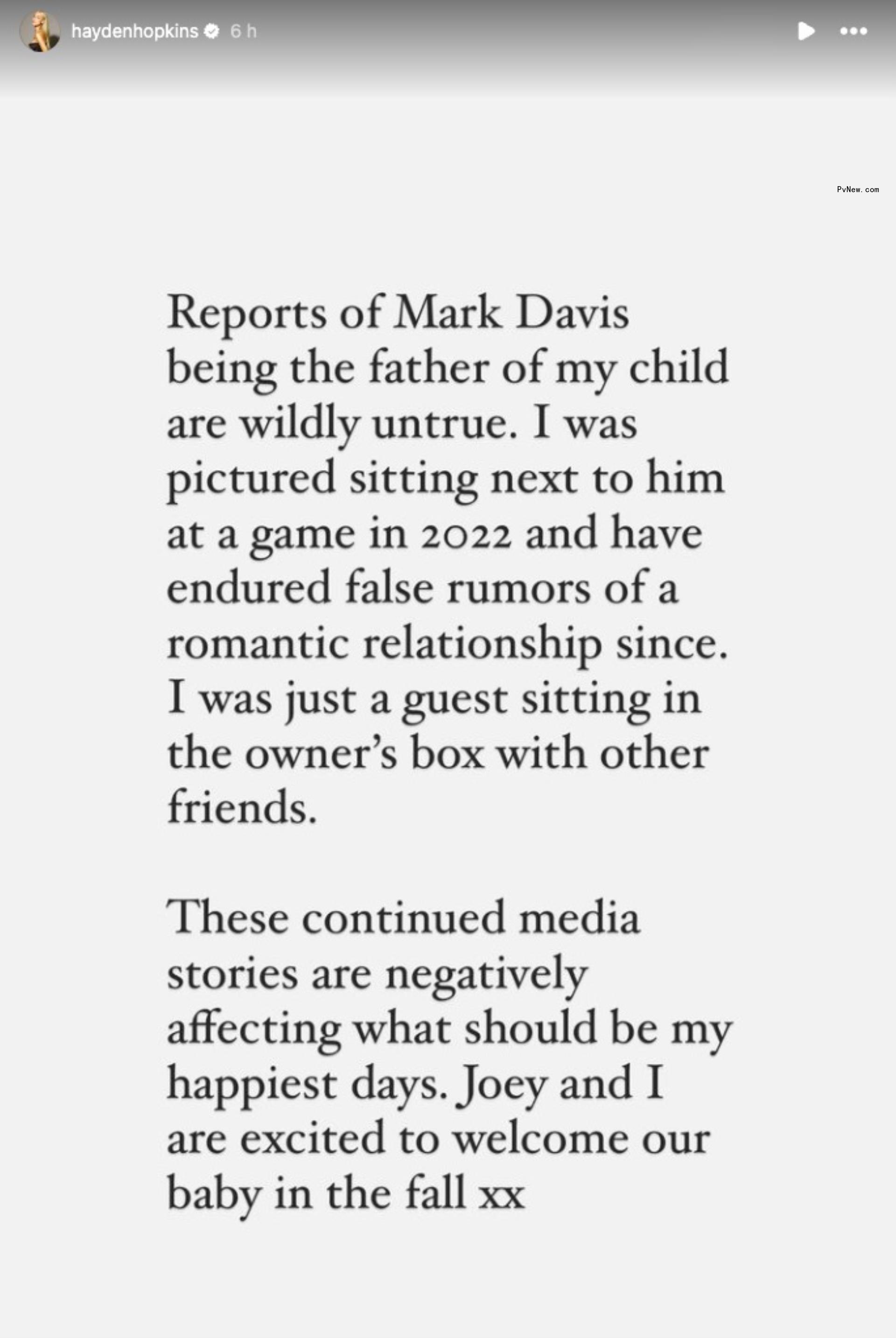 Hayden Hopkins' Instagram statement. 