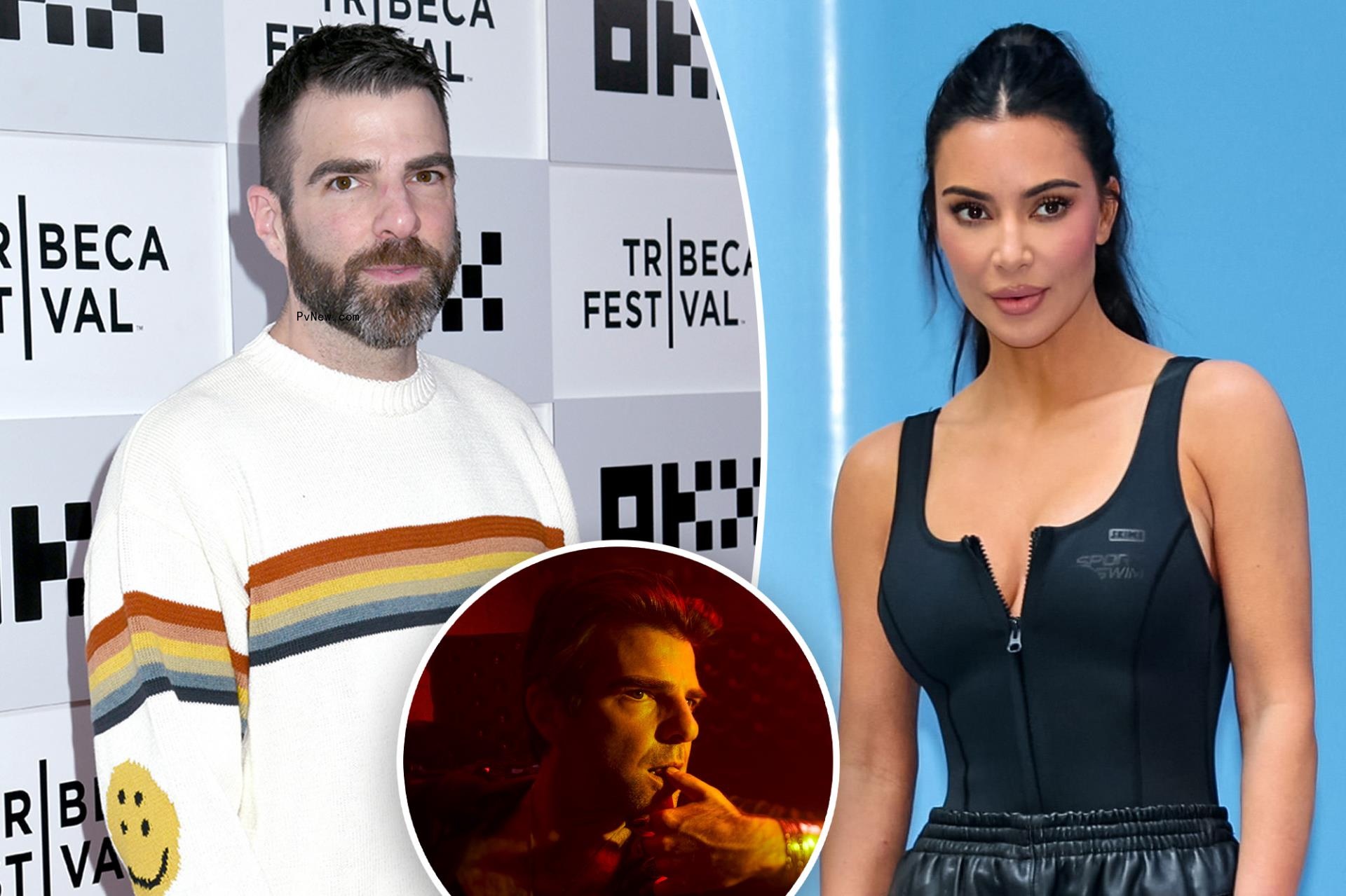 A split of Zachary Quinto at an event and Kim Kardashian at an event with an inset of Quinto from 