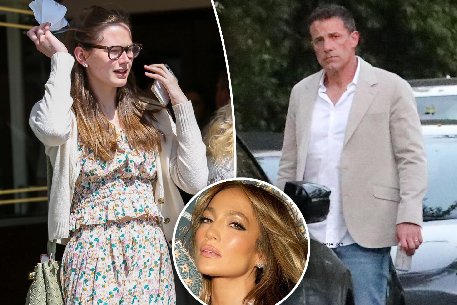 Ben Affleck split with Violet with an inset of Jennifer Lopez.