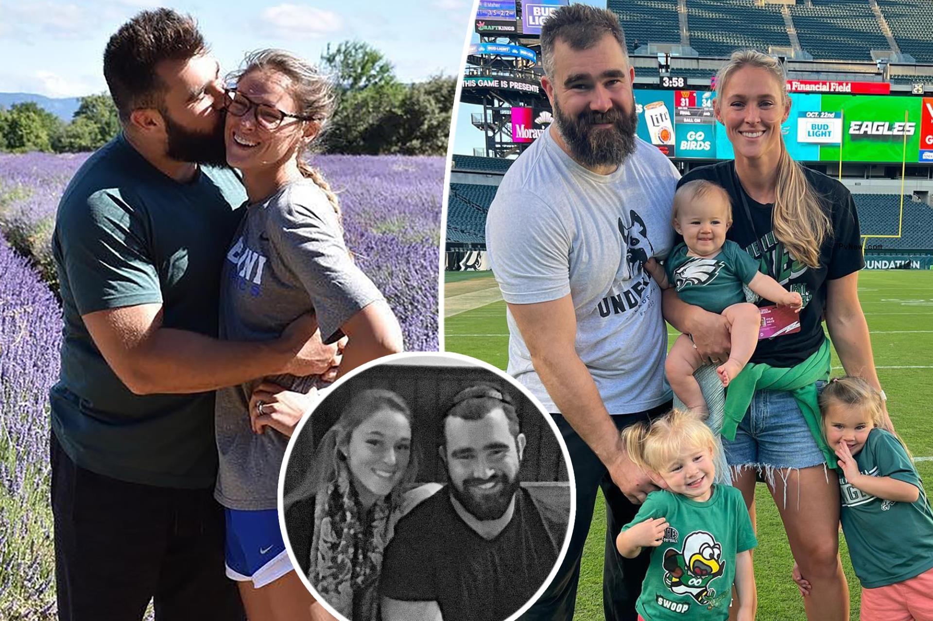 A split photo of Jason Kelce kissing Kylie Kelce and Jason Kelce and Kylie Kelce posing with three kids and a small photo of Kylie and Jason Kelce