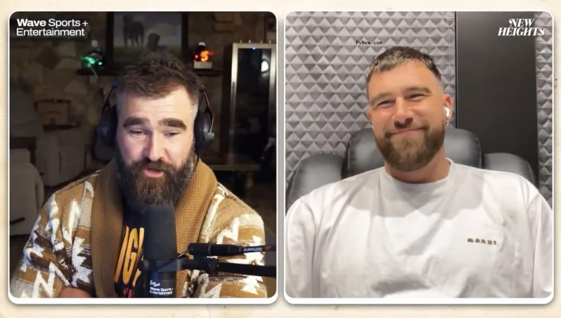 Jason Kelce and Travis Kelce talking on a podcast