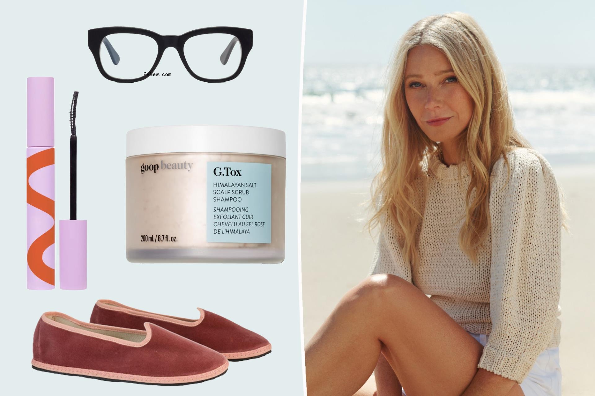 Gwyneth Paltrow with insets of glasses, mascara, shampoo and slippers