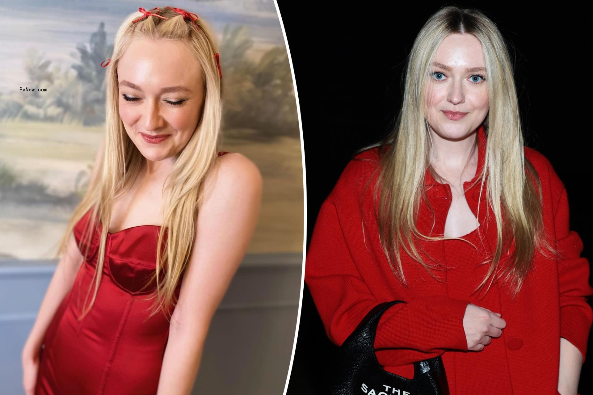 Dakota Fanning in red dress for 30th birthday