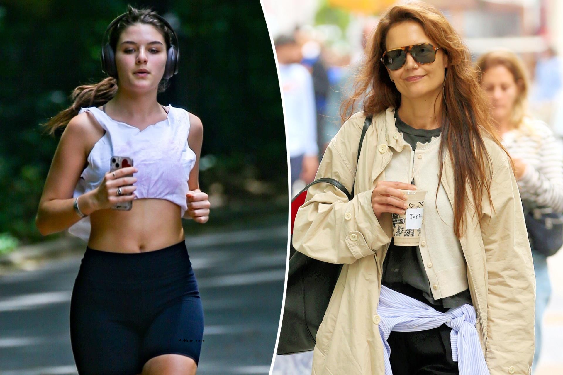 Suri Cruise split image with Katie Holmes.