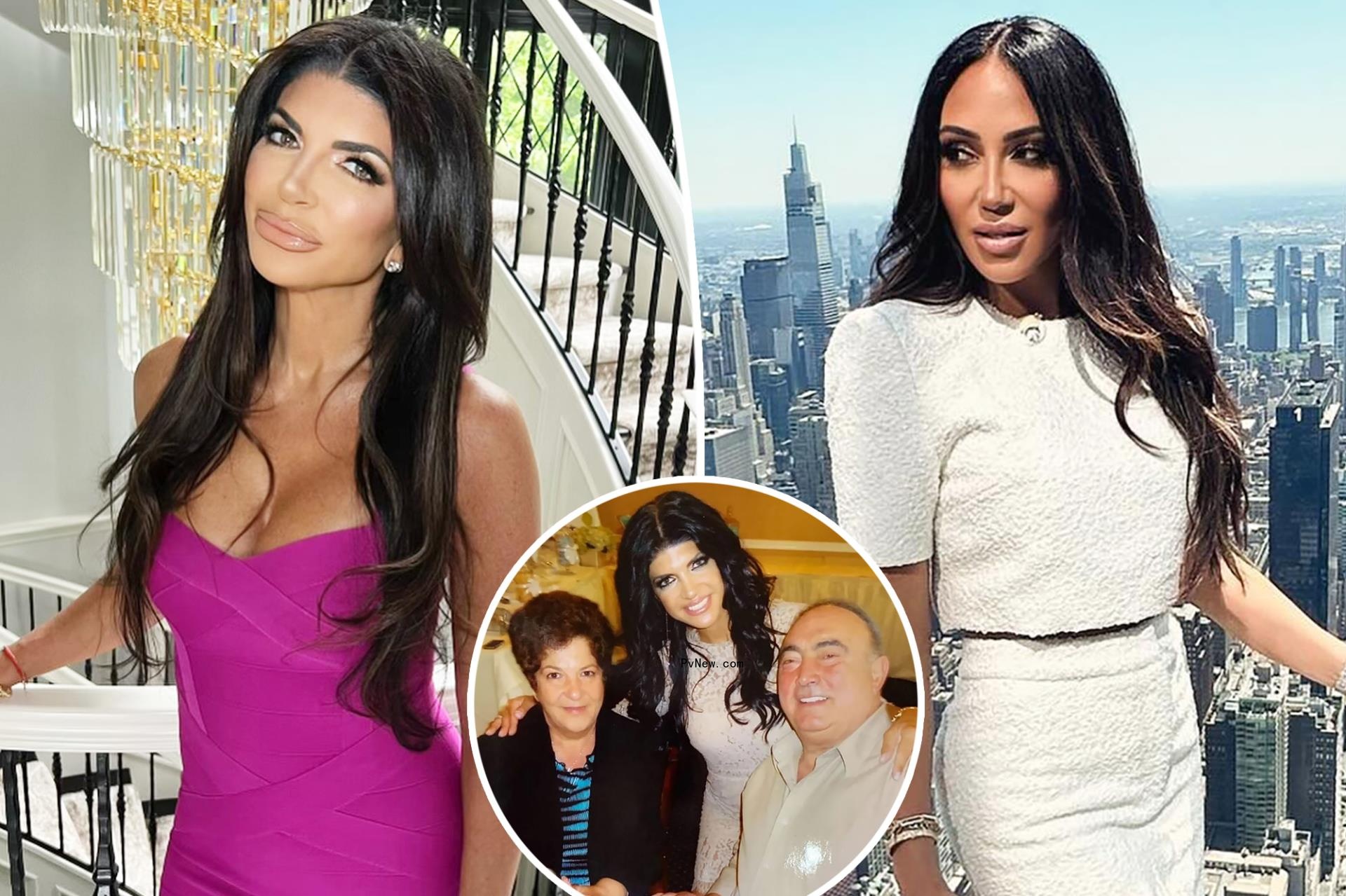 A split photo of Teresa Giudice smiling and Melissa Gorga posing and a small photo of Teresa Giudice with her parents