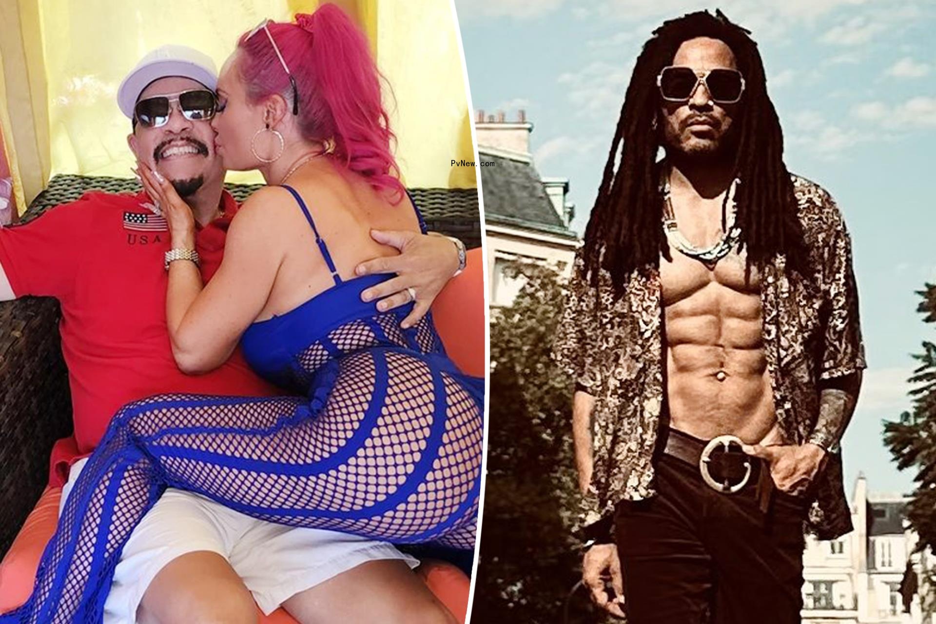 A split photo of Ice-T with Coco Austin and Lenny Kravitz walking