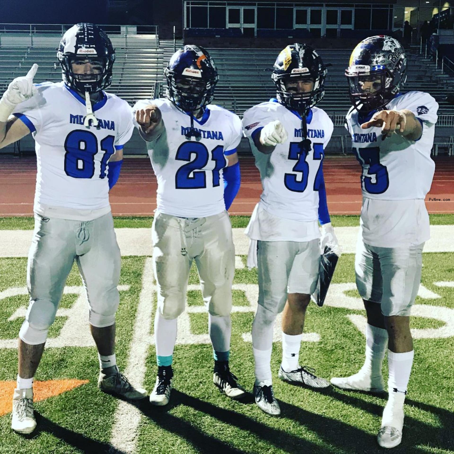 Mark Estes in a football uniform with teammates.
