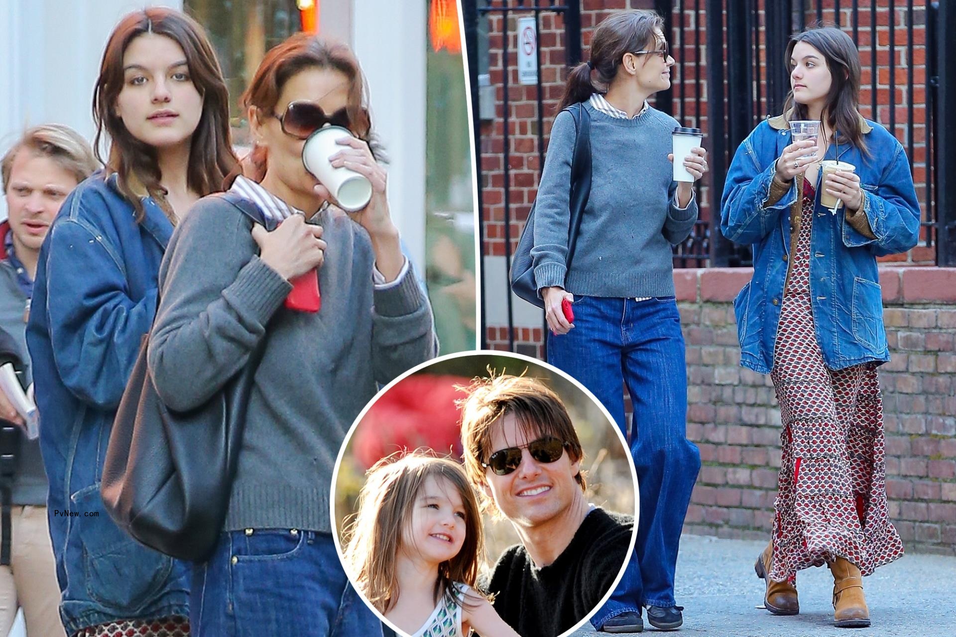 Katie Holmes and Suri Cruise with an inset of Suri and Tom Cruise.