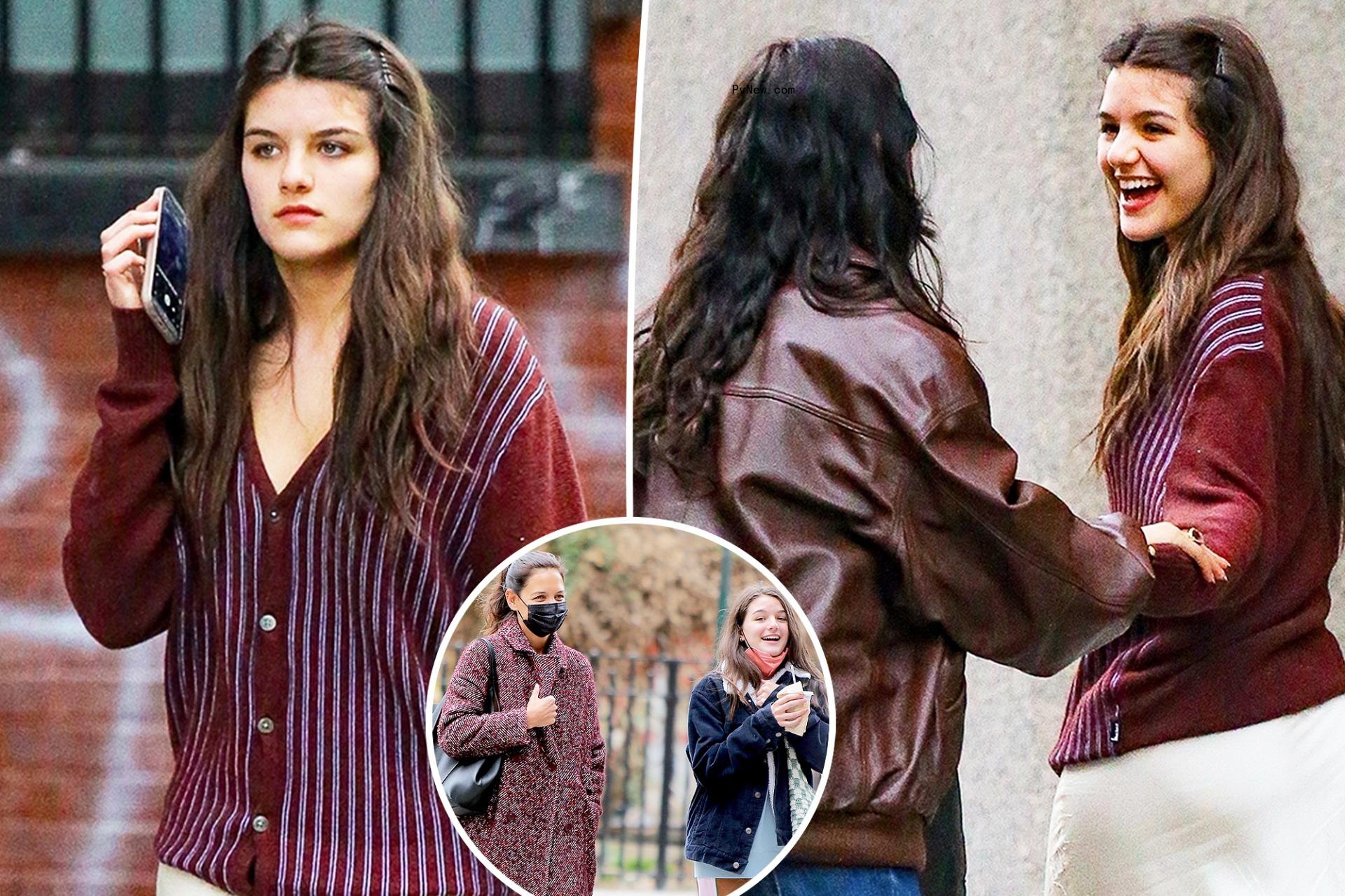Suri Cruise split image with her mom Katie Holmes inset.