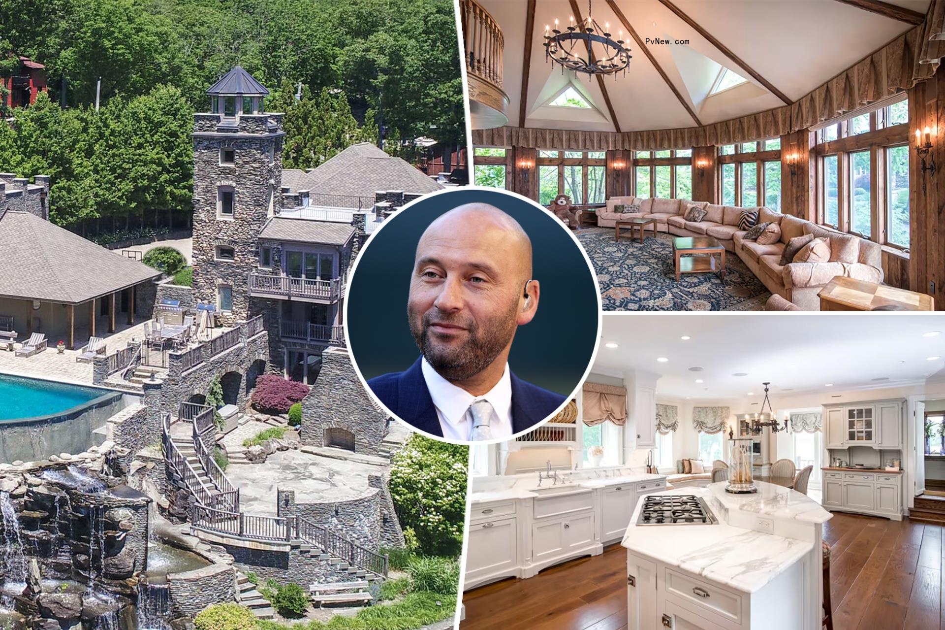 Derek Jeter split image with his home.