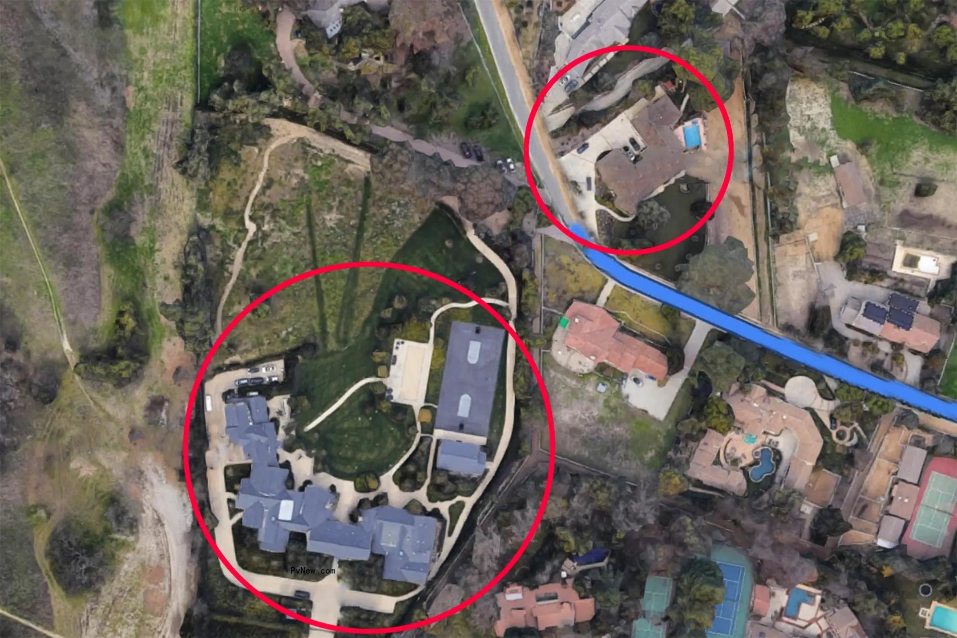 An aerial shot of Kim Kardashian's home and Kanye West's home.