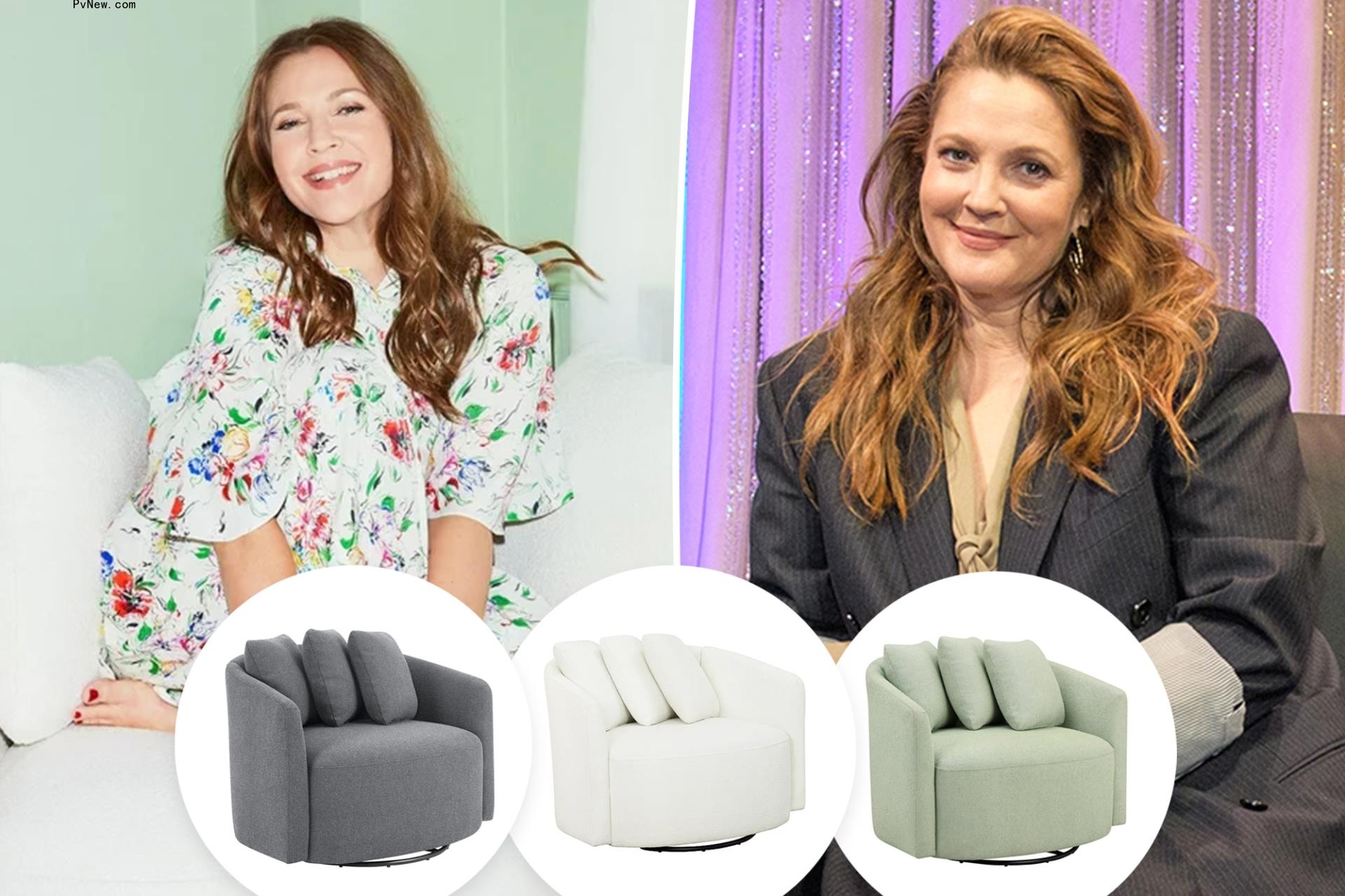 Drew Barrymore with insets of three chairs