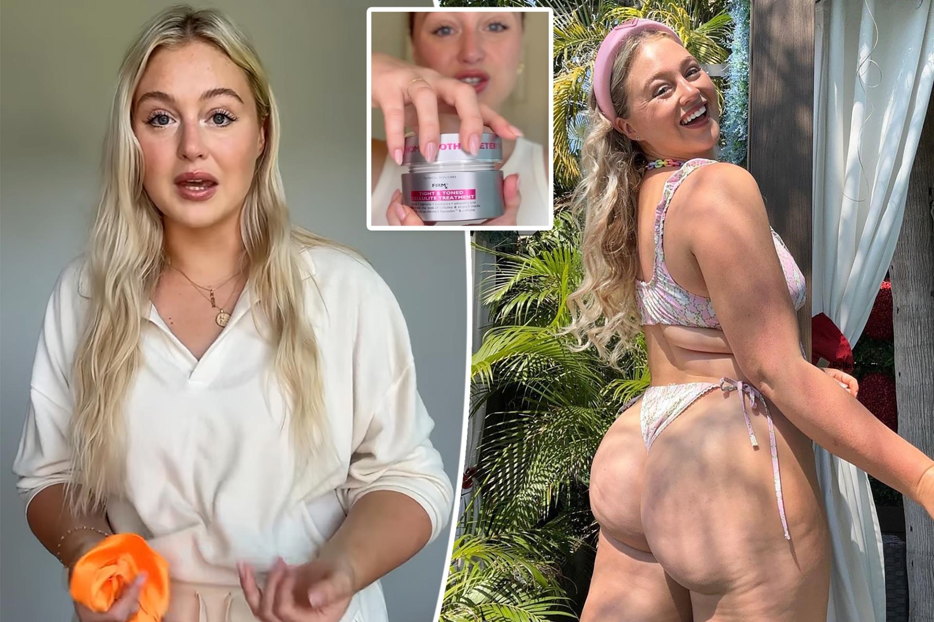 Iskra Lawrence split with her in a bikini with an inset of her holding the cream.