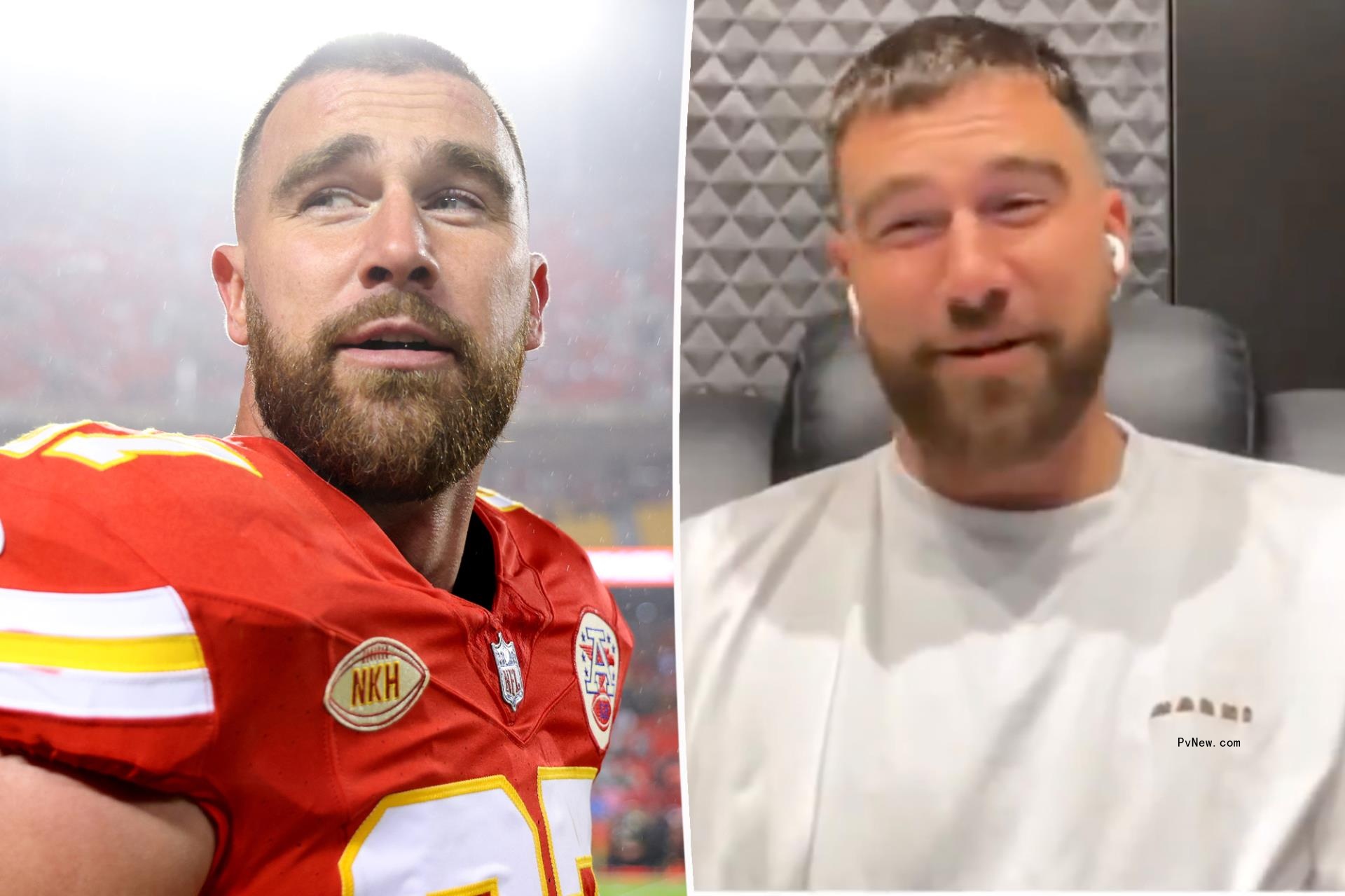 A split photo of Travis Kelce in his football uniform and Travis Kelce talking on a podcast