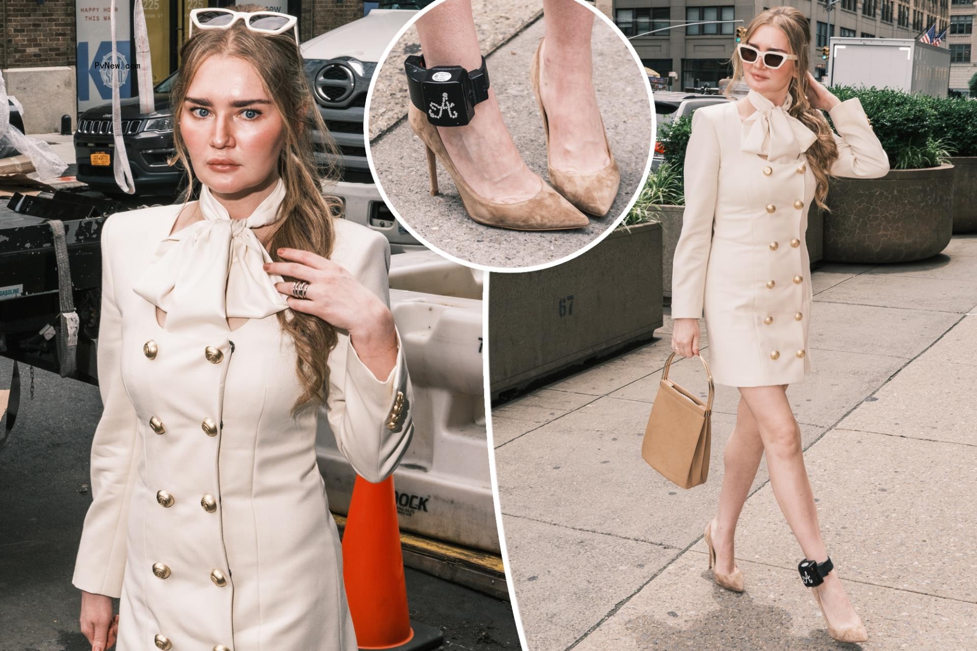 Anna Delvey brings some bling to immigration court in a chic white suit dress and bedazzled ankle monitor