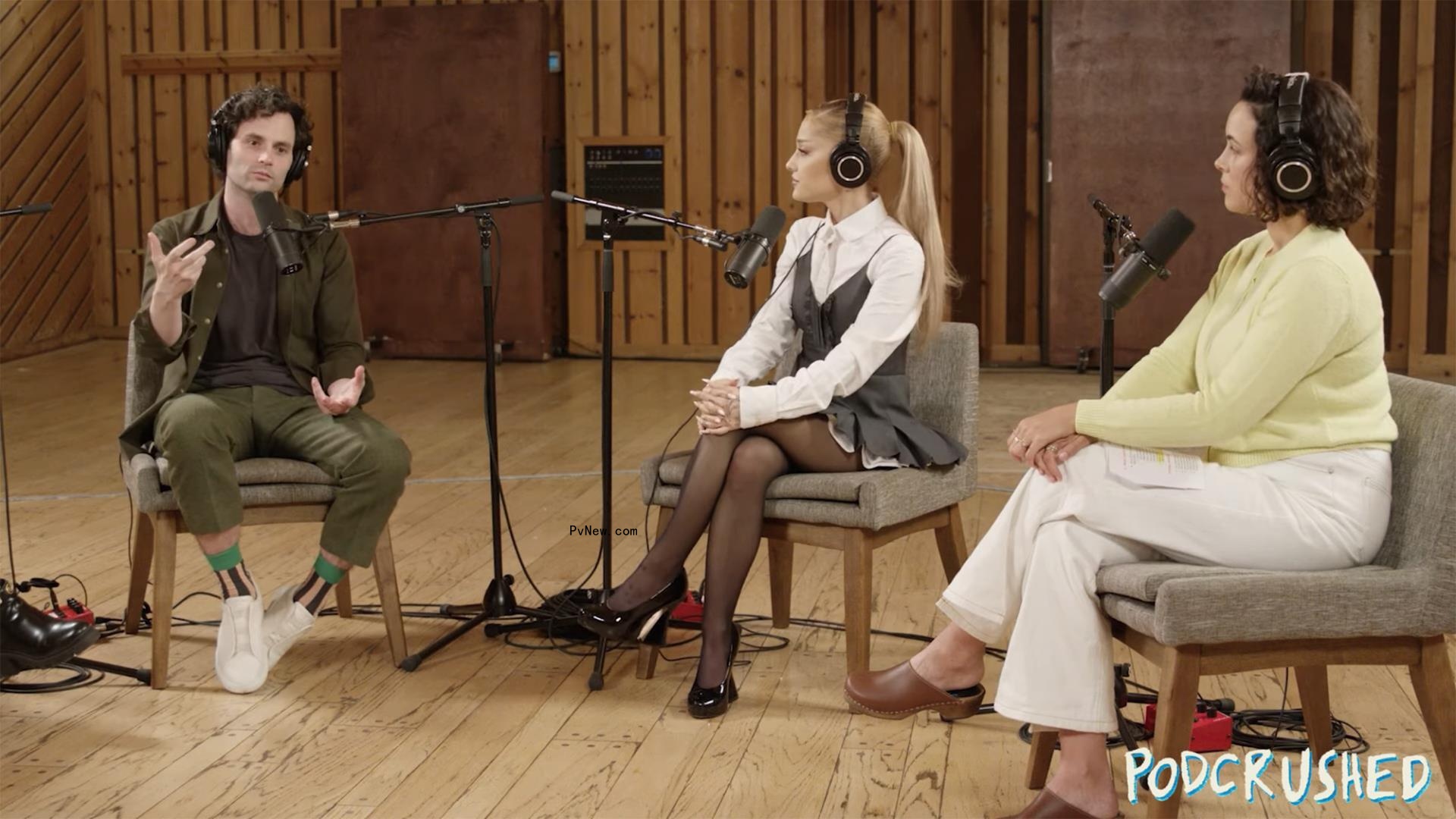 Ariana Grande talking to Penn Badgley on his podcast.