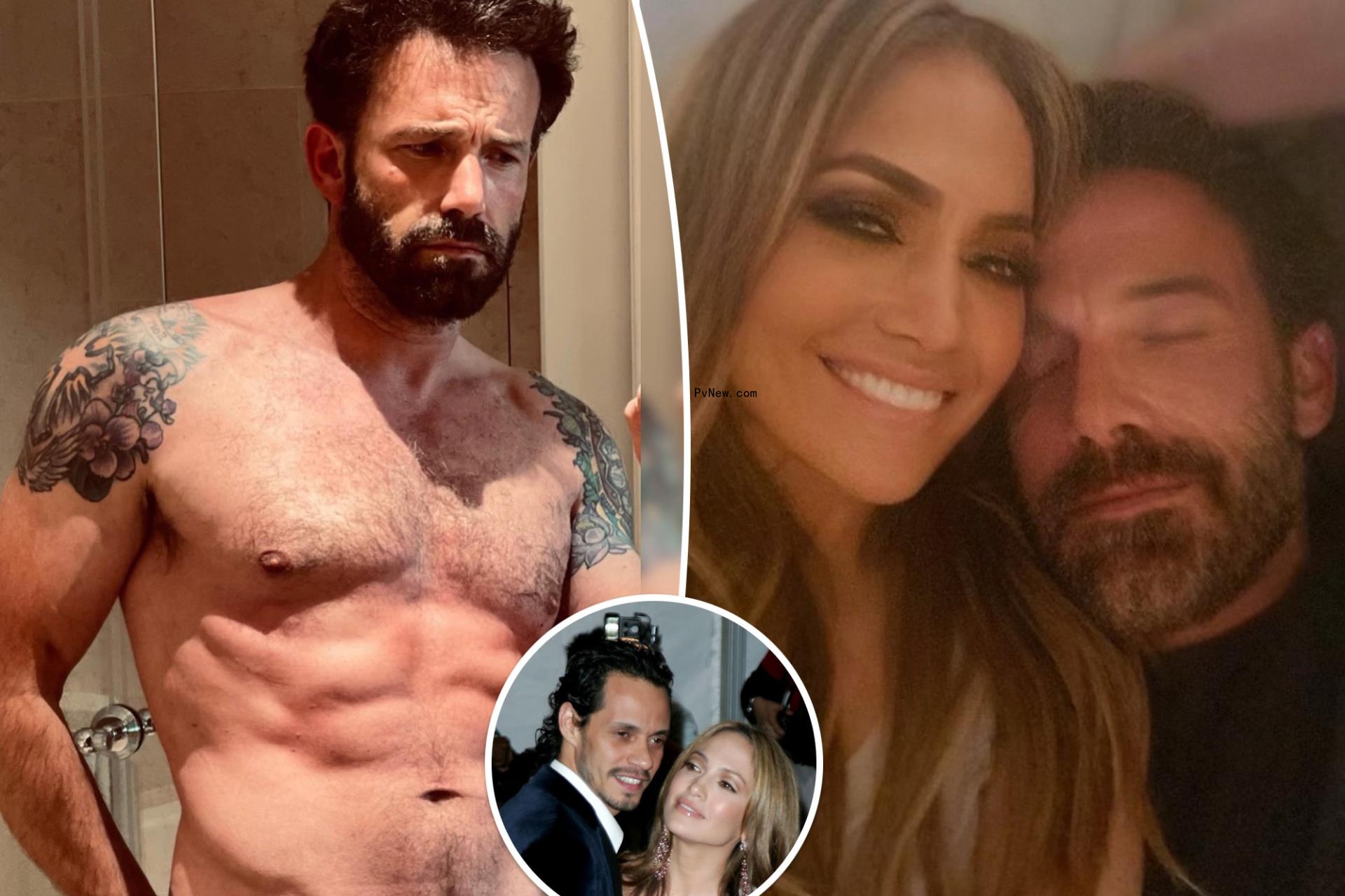 Jennifer Lopez and Marc Anthony with shirtless Ben Affleck split image.