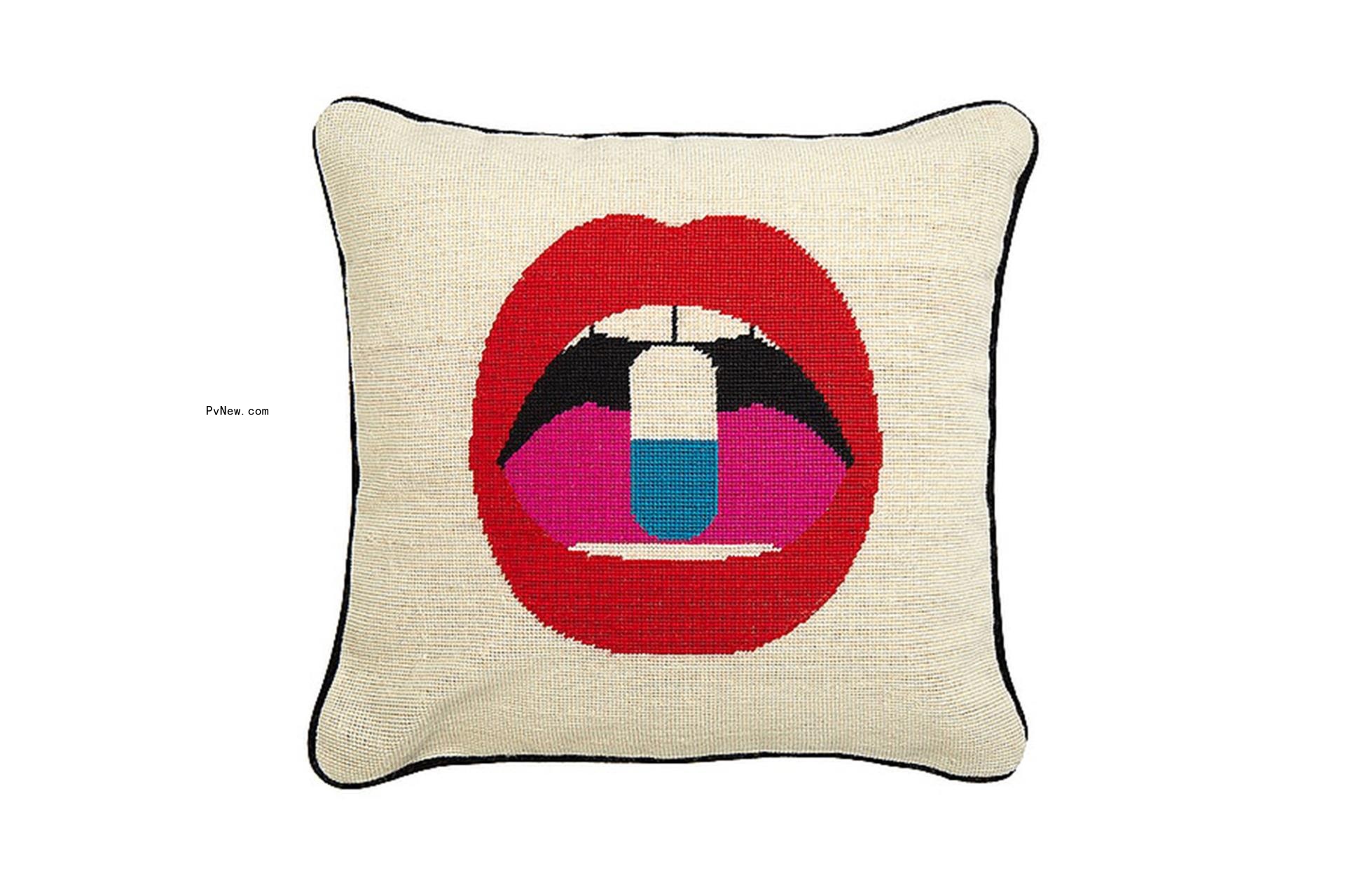 Jo<i></i>nathan Adler Lips Full Dose Needlepoint Throw Pillow