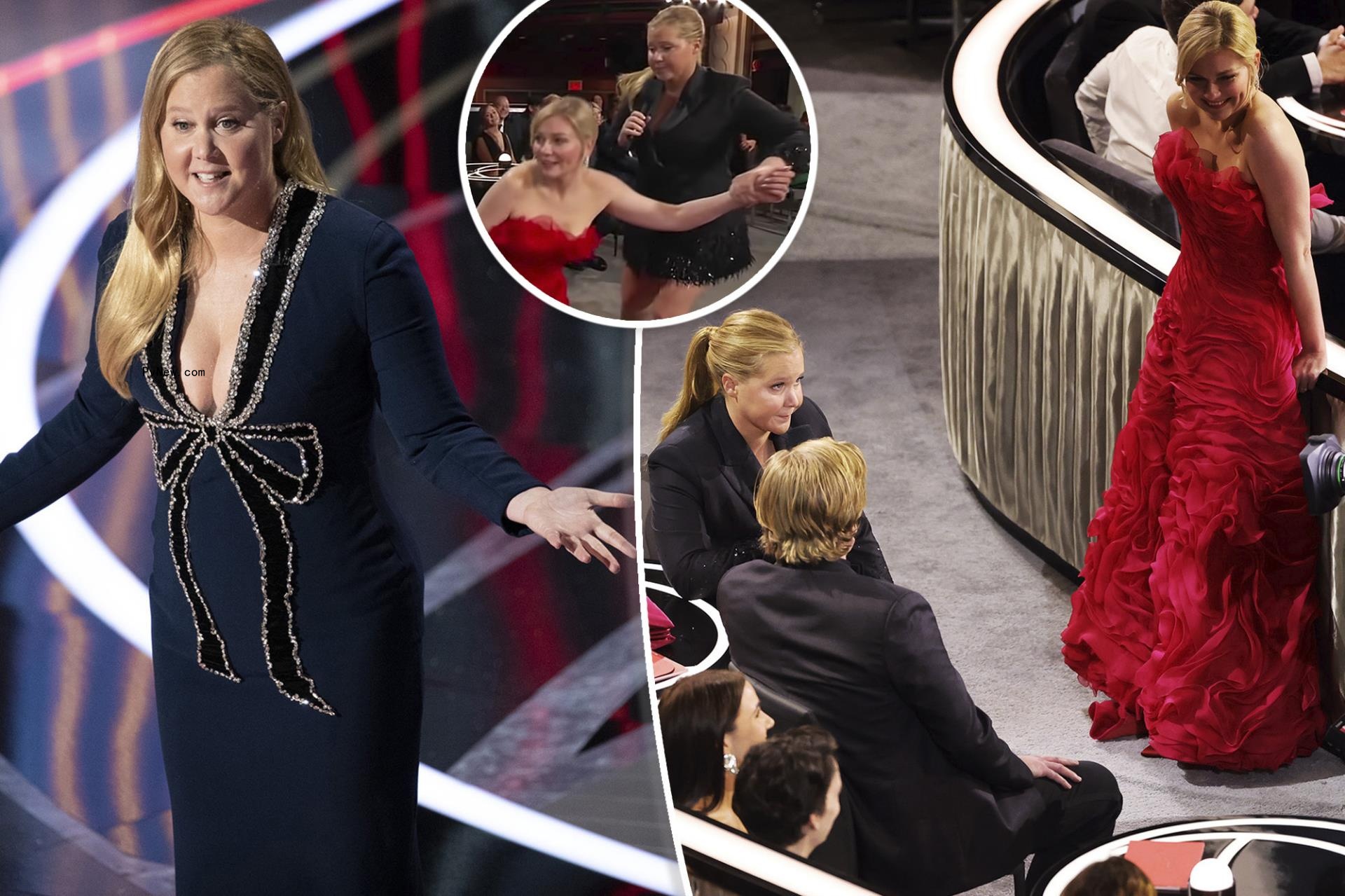 Amy Schumer hosting the 2022 Oscars talking to Jesse Plemons and Kirsten Dunst