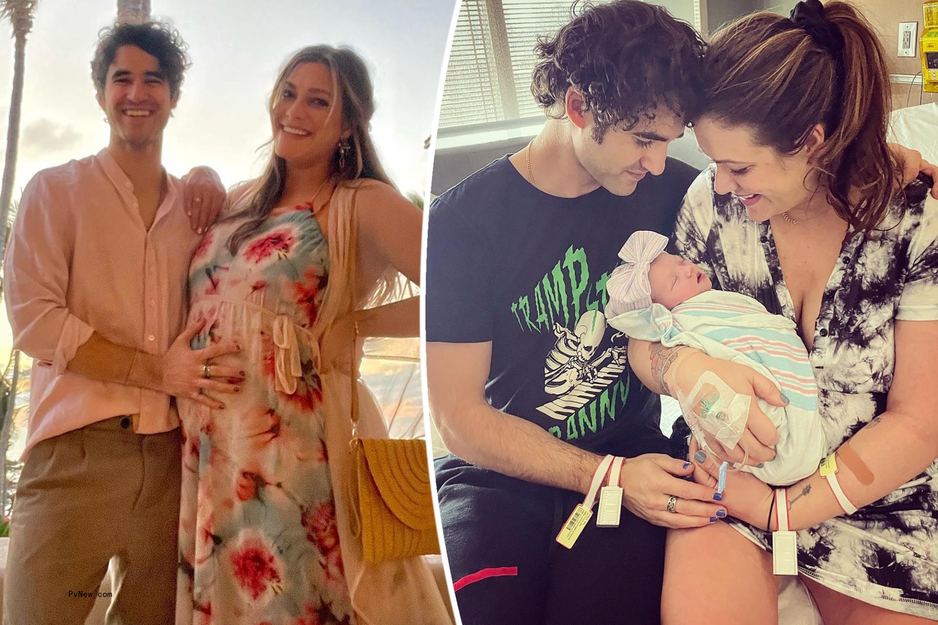 Darren Criss holds the pregnant belly of wife Mia Swier; Darren Criss and Mia Swier pose with their newborn daughter