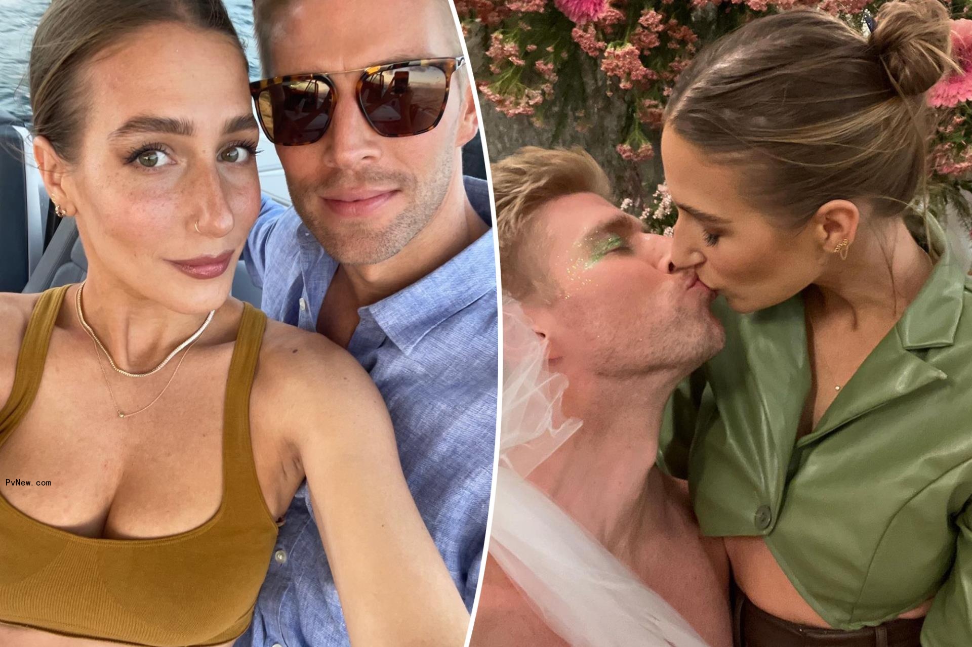 A split photo of a selfie of Amanda Batula and Kyle Cooke and Kyle Cooke kissing Amanda Batula