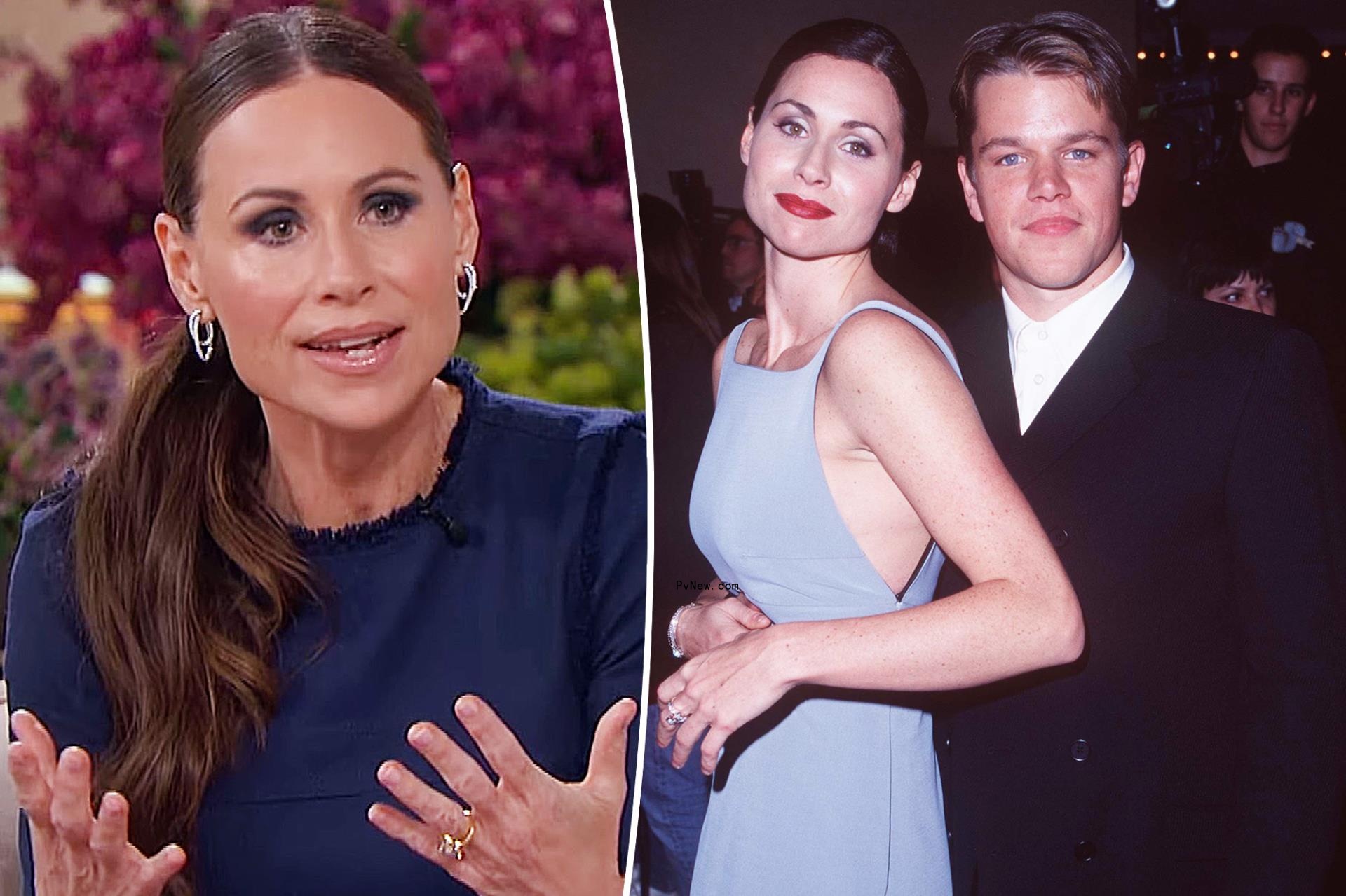 A split photo of Minnie Driver talking and Minnie Driver and Matt Damon posing together