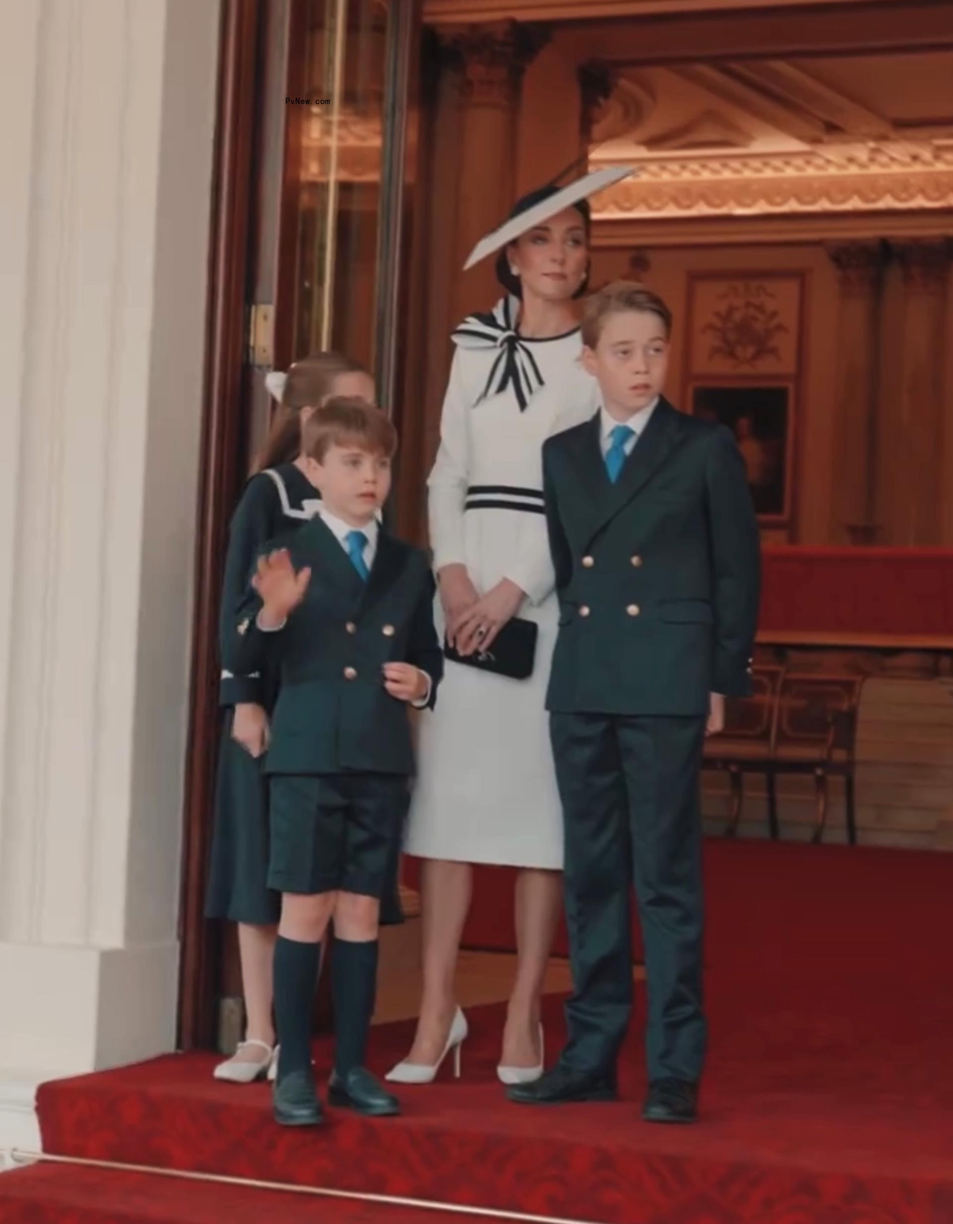 Catherine, Princess of Wales, arrives with Britain's Princess Charlotte of Wales and Britain's Prince George of Wales, Prince Louis.