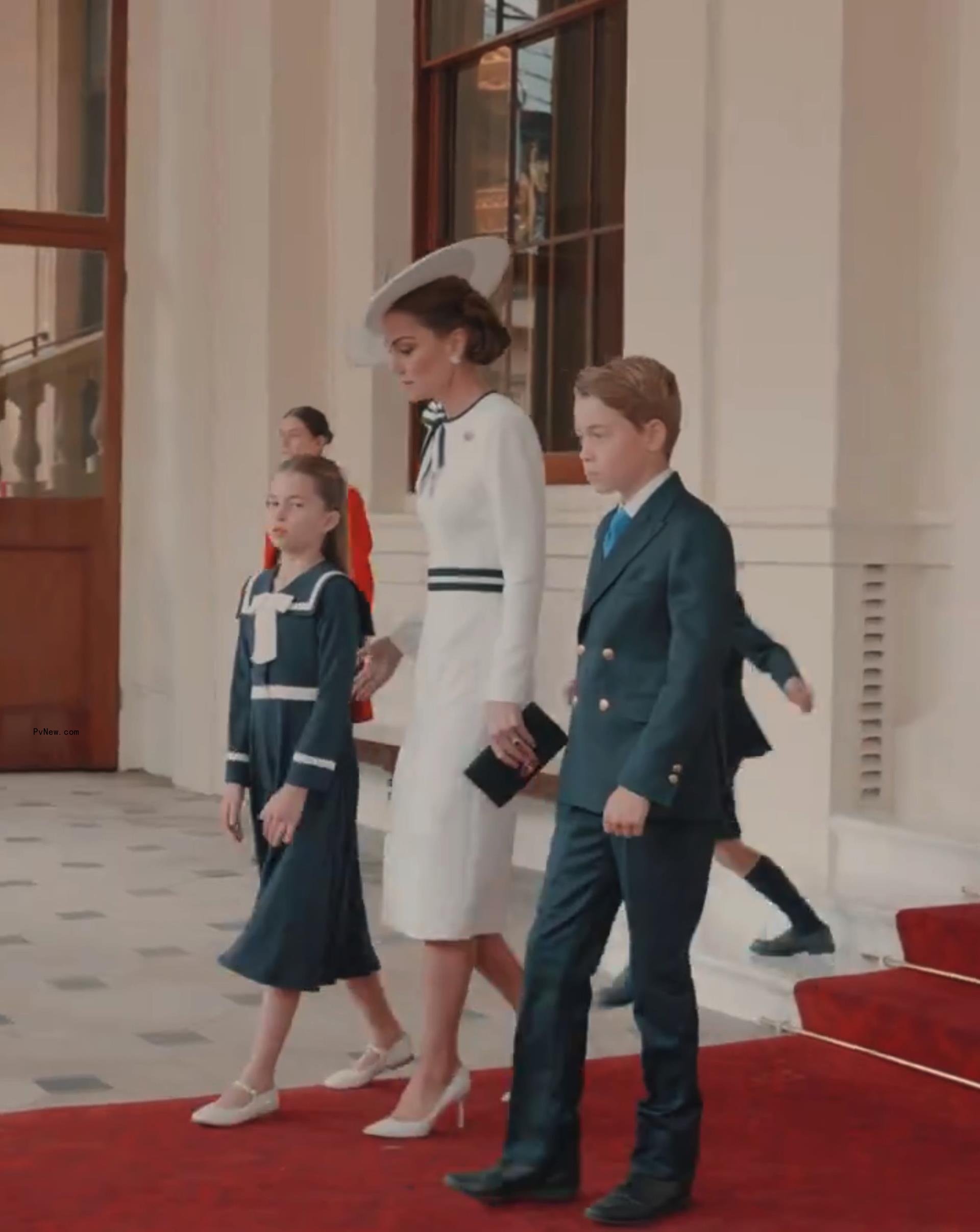 Catherine, Princess of Wales, arrives with Britain's Princess Charlotte of Wales and Britain's Prince George of Wales, Prince Louis.