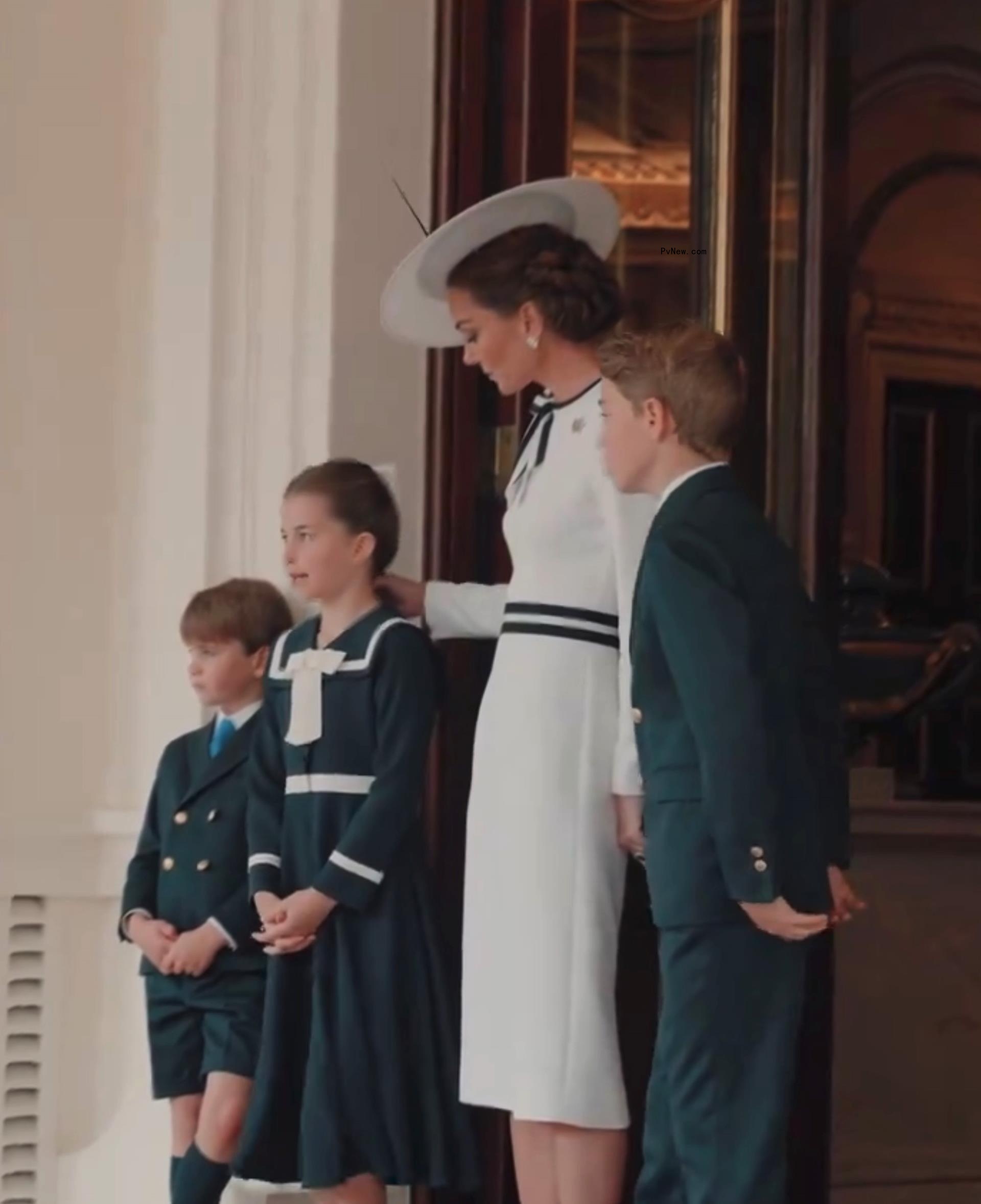 Catherine, Princess of Wales, arrives with Britain's Princess Charlotte of Wales and Britain's Prince George of Wales, Prince Louis.