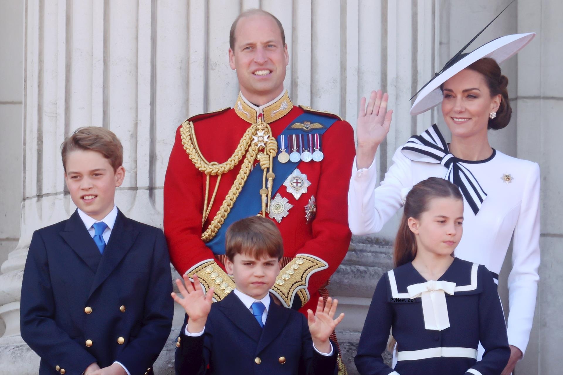 Prince George of Wales, Prince William, Prince of Wales, Prince Louis of Wales, Princess Charlotte of Wales and Catherine, Princess of Wales during Trooping the Colour.