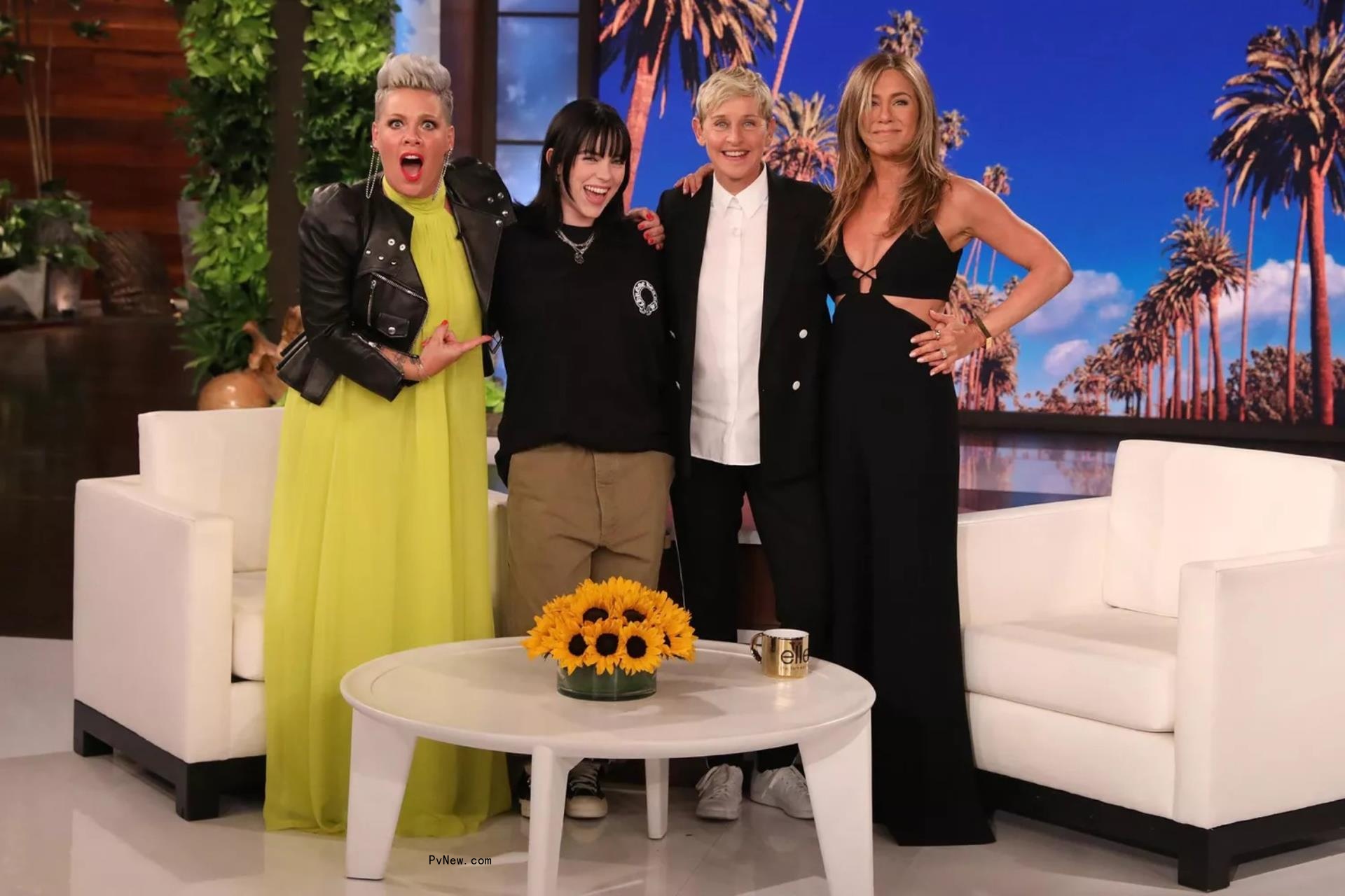 Pink and Billie Eilish cuddle up to Ellen DeGeneres and Jennifer Aniston on the final 