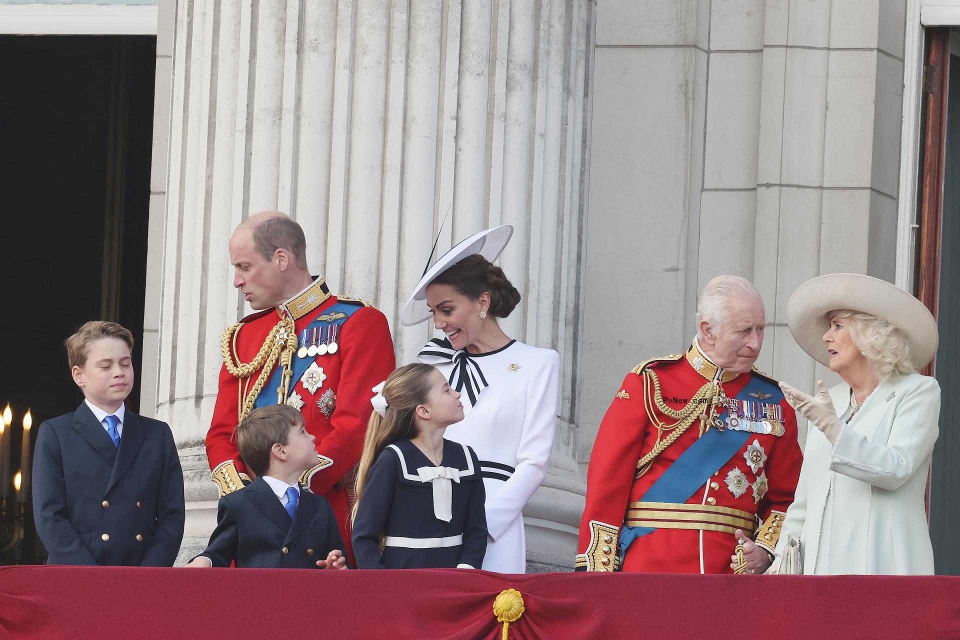  Prince George of Wales, Prince William, Prince of Wales, Prince Louis of Wales, Princess Charlotte of Wales, Catherine, Princess of Wales, King Charles III and Queen Camilla on the balcony of Buckingham Palace during Trooping the Colour.