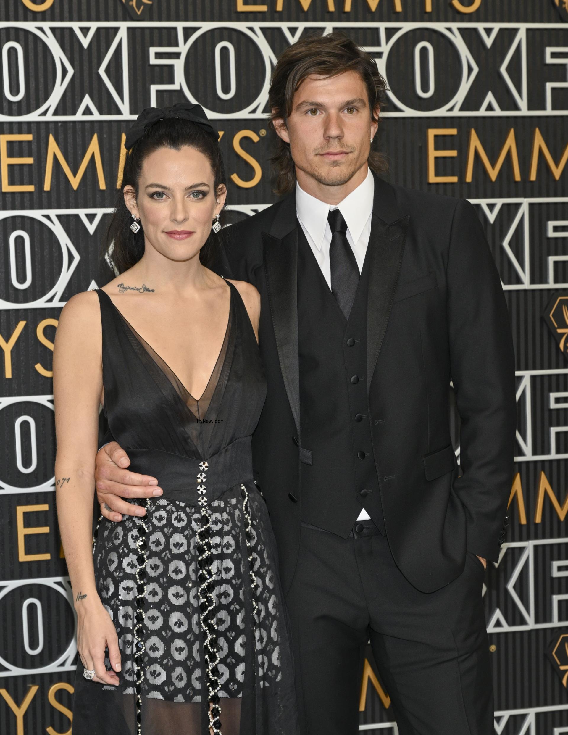 Riley Keough and Ben Smith-Petersen at the 75th Primetime Emmy Awards held at the Peacock Theater on January 15, 2024.