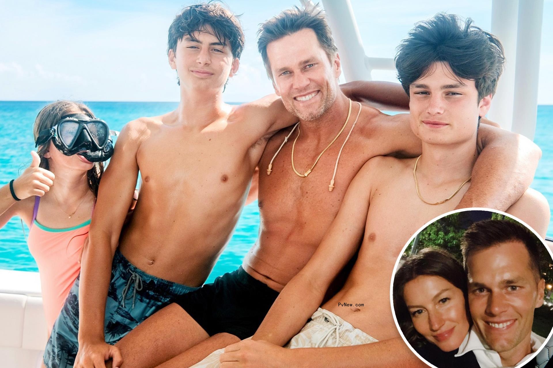 Tom Brady posing with his three kids and a small selfie of Tom Brady and Gisele Bündchen