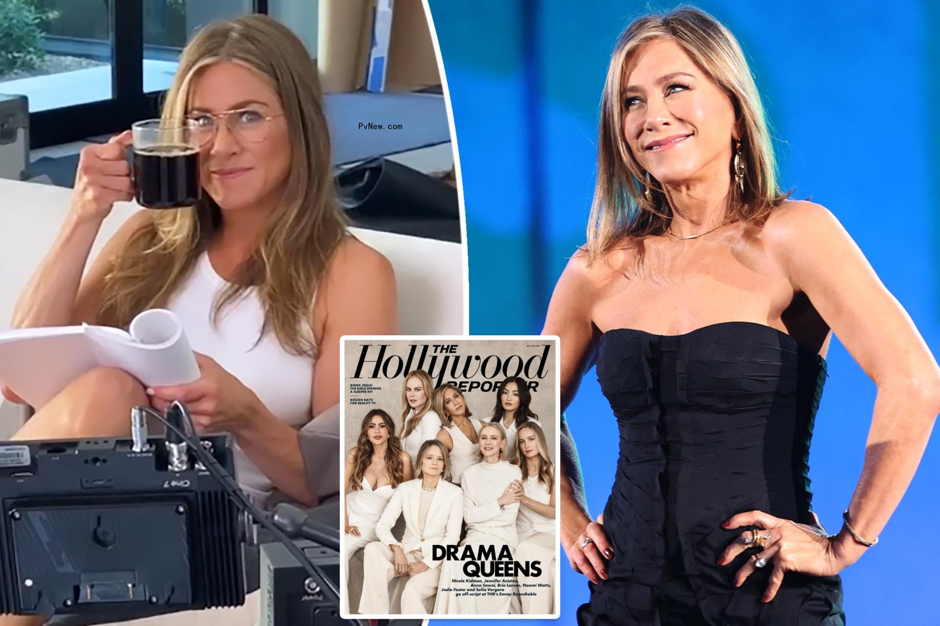 Jennifer Aniston split image with the Hollywood Reporter cover inset.