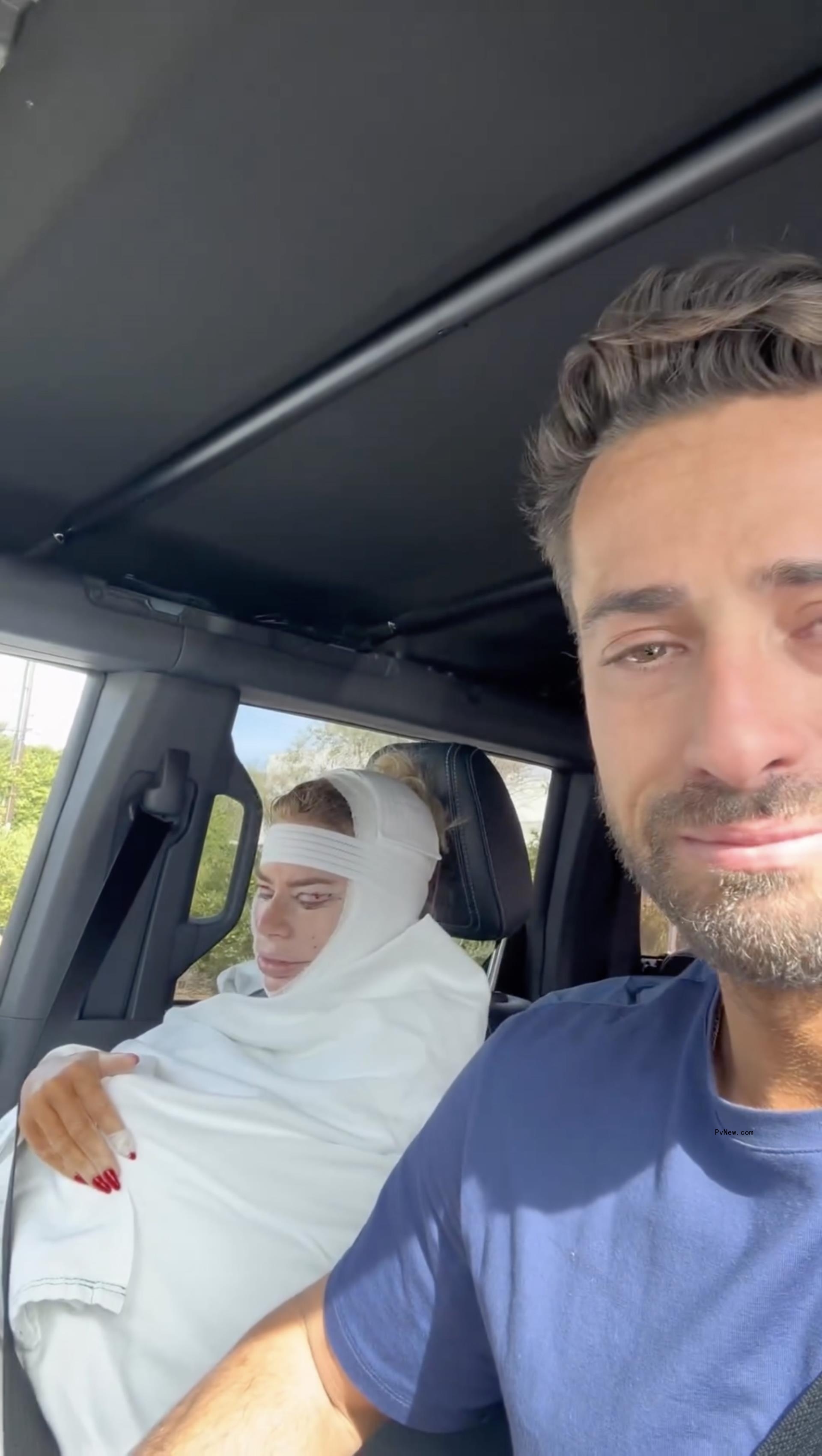Caroline Stanbury's face in bandages with Sergio Carrallo sitting next to her