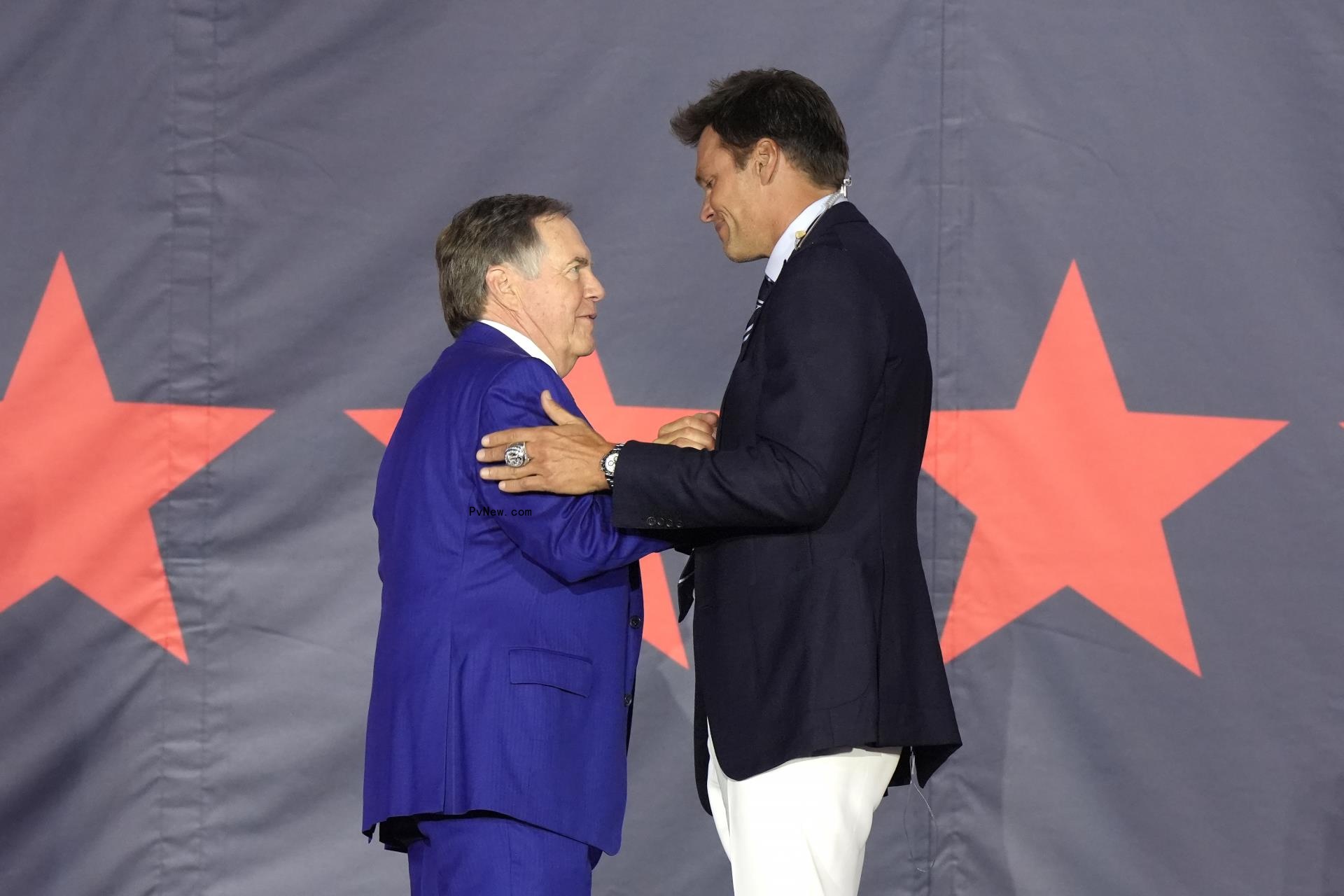 Bill Belichick at Tom Brady at his Patriots Hall of Fame induction ceremony. 