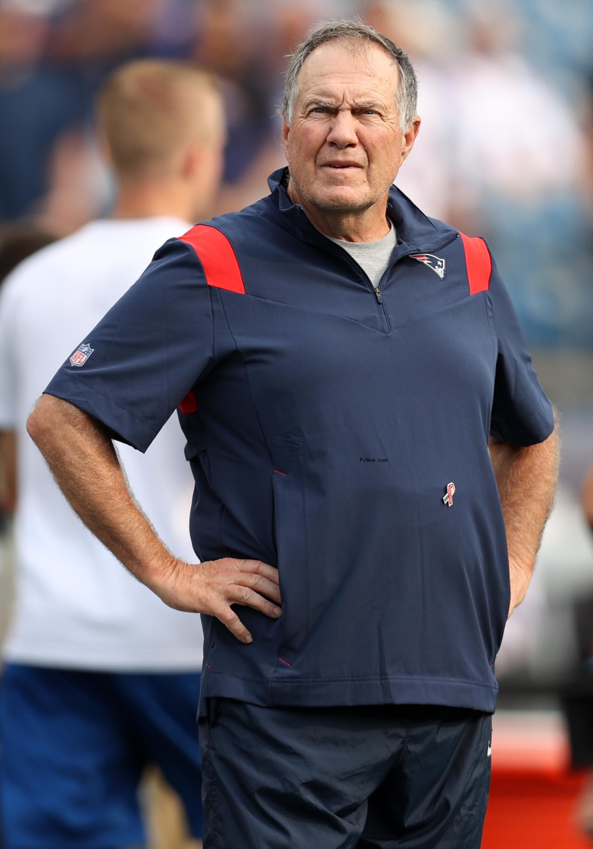 Bill Belichick on the field at a Patriots game. 