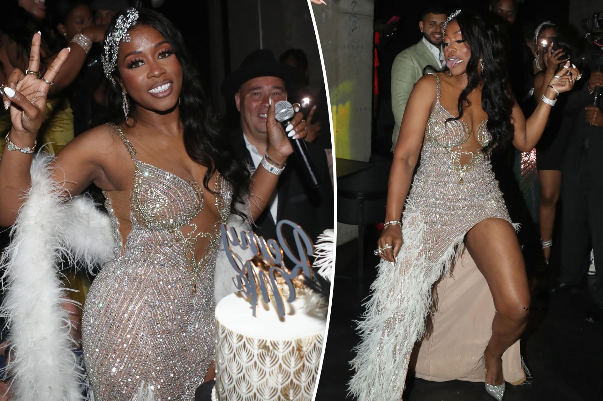 Spilt screen of Remy Ma in sparkle dress smiling going to her 43rd birthday party.