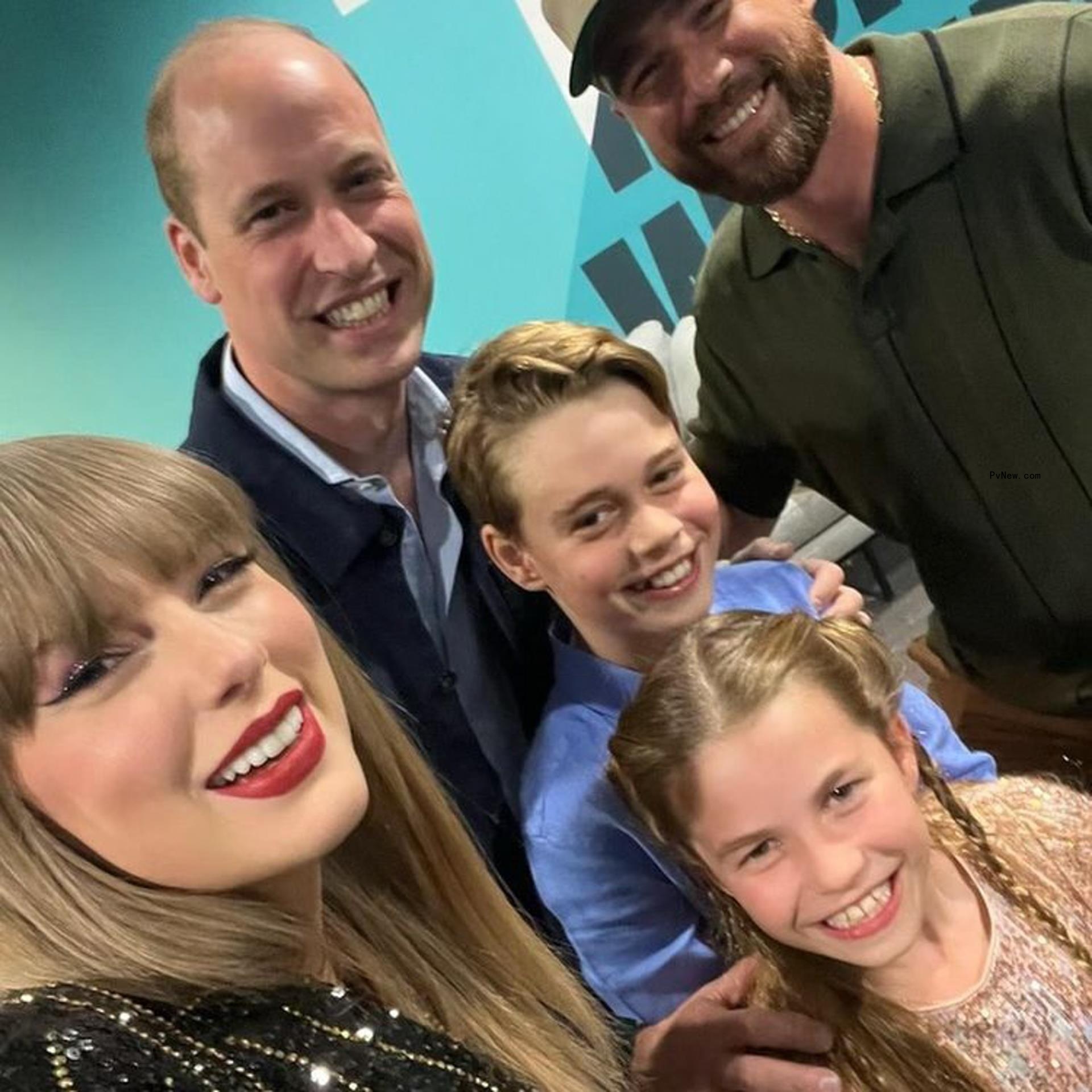 Prince William, Prince George and Princess Charlotte taking a selfie with Taylor Swift and Travis Kelce.