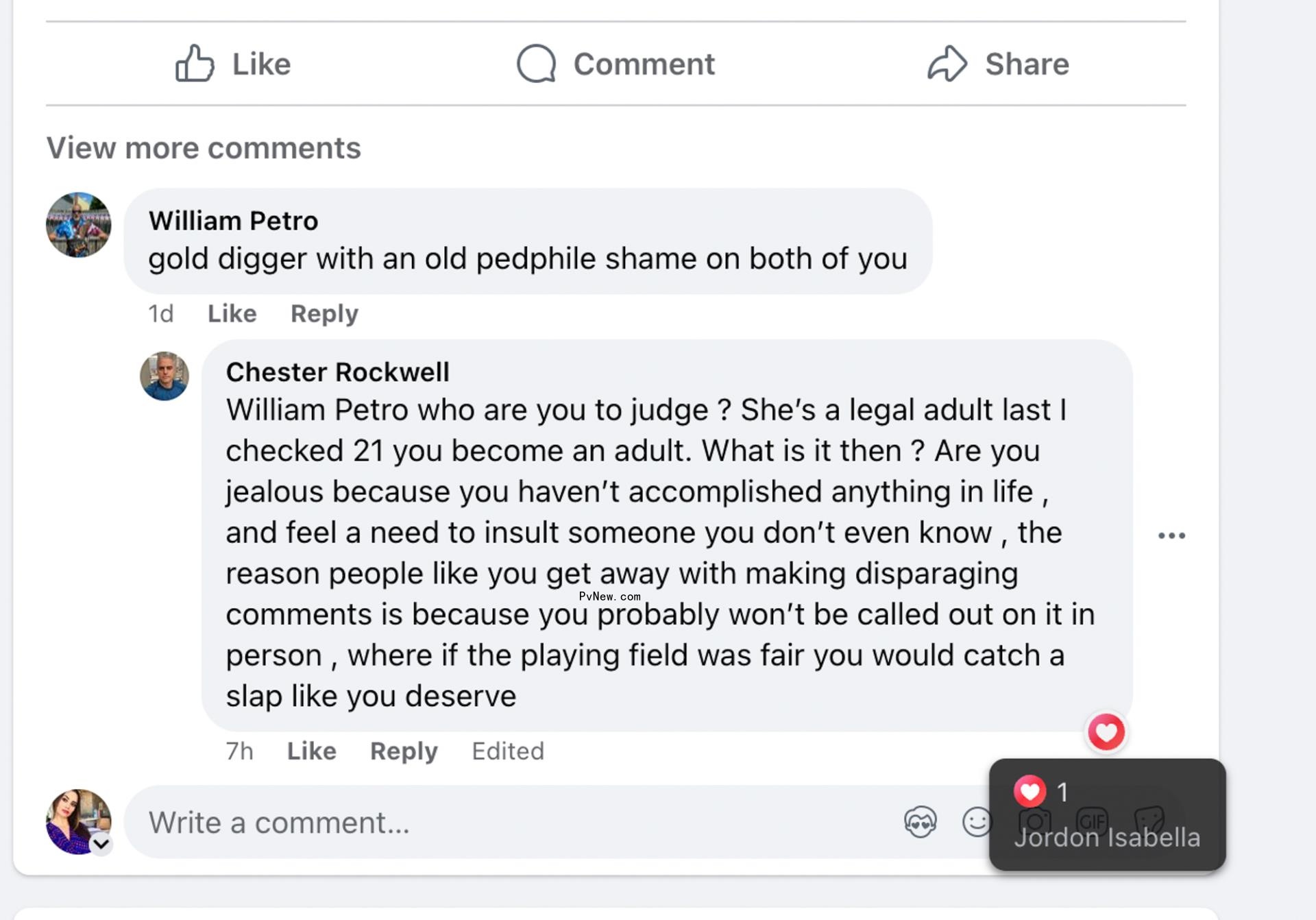 A comment on Jordon Hudson's Facebook page.