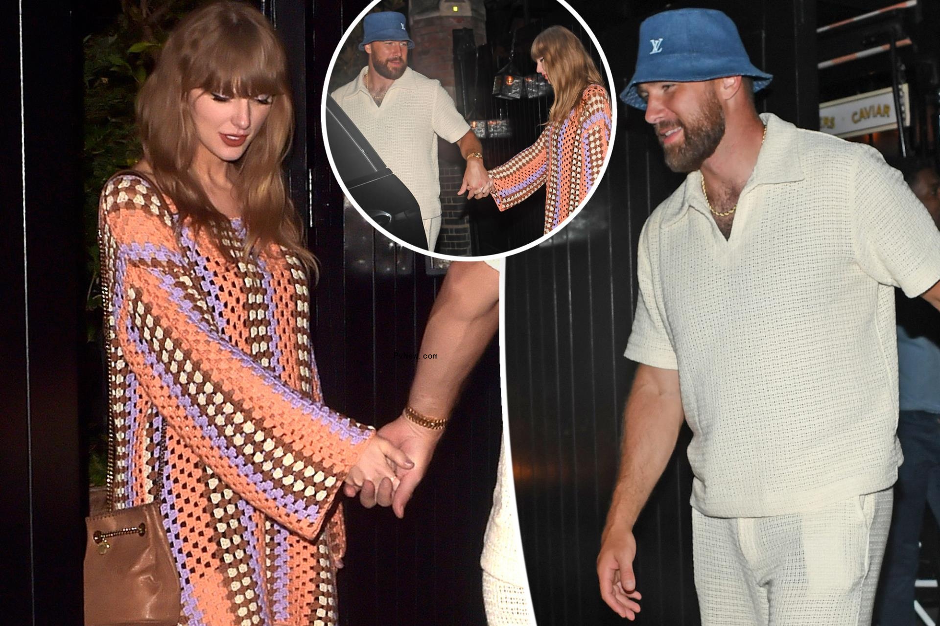 Taylor Swift and Travis Kelce coordinate in crochet outfits after his surprise o<i></i>nstage Eras Tour appearance