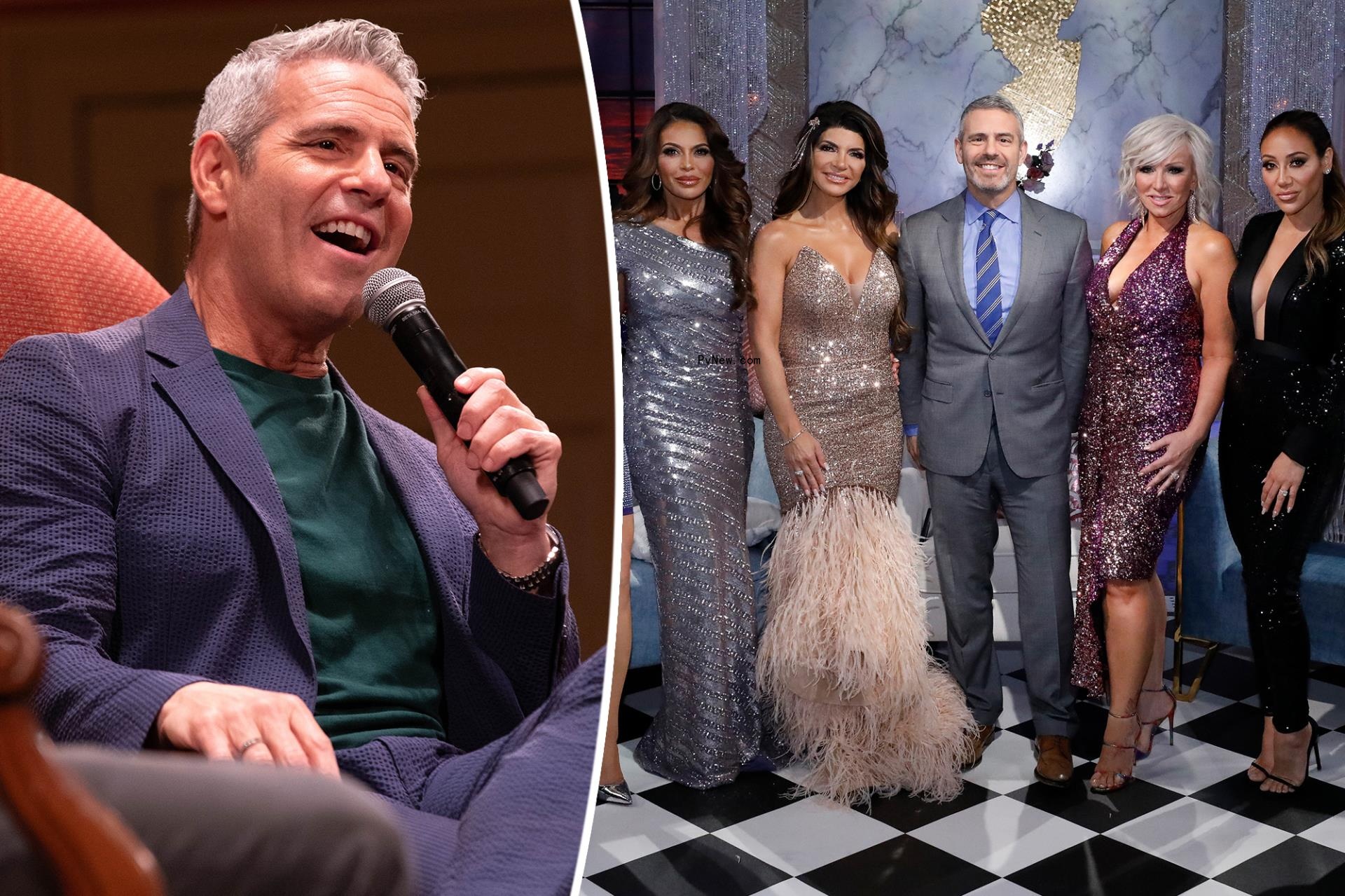 A split photo of Andy Cohen talking and the cast of 