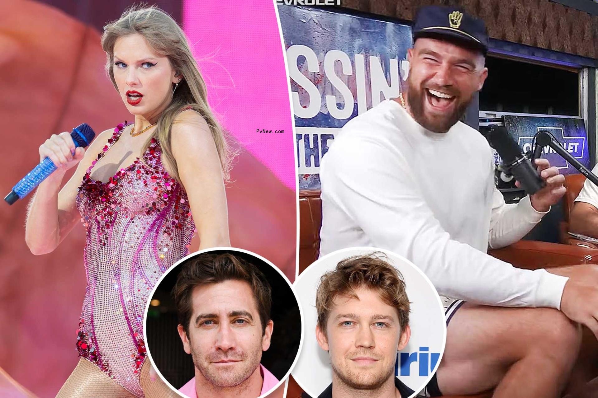 Taylor Swift and Travis Kelce with Jake Gyllenhaal and Joe Alwyn insets