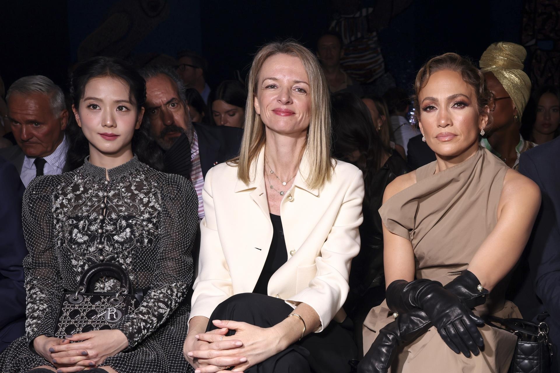 Jisoo, Delphine Arnault and Jennifer Lopez at the Dior show in Paris.