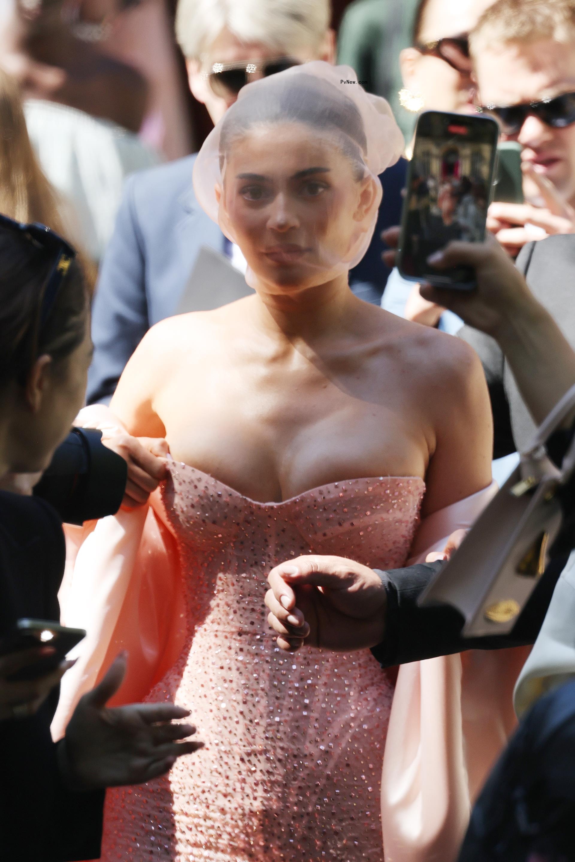 Kylie Jenner in a pink Schiaparelli dress. 