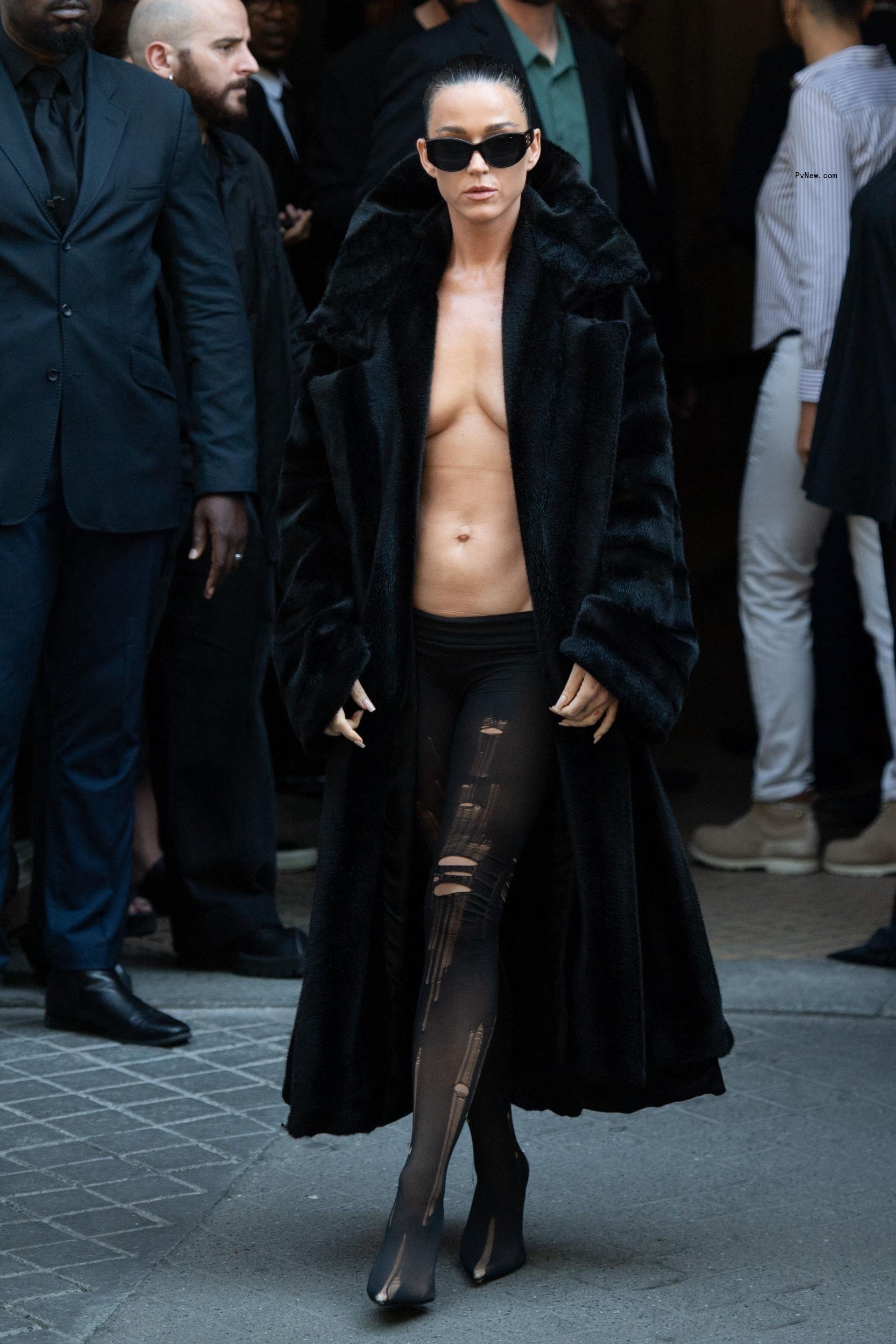 Katy Perry arrived at Balenciaga’s Fall 2024 Couture runway show in all black shirtless