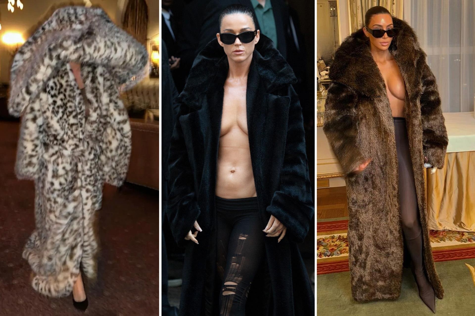 Katy Perry channels Bianca Censori, Kim Kardashian in ripped tights, fur coat and no shirt at Balenciaga show