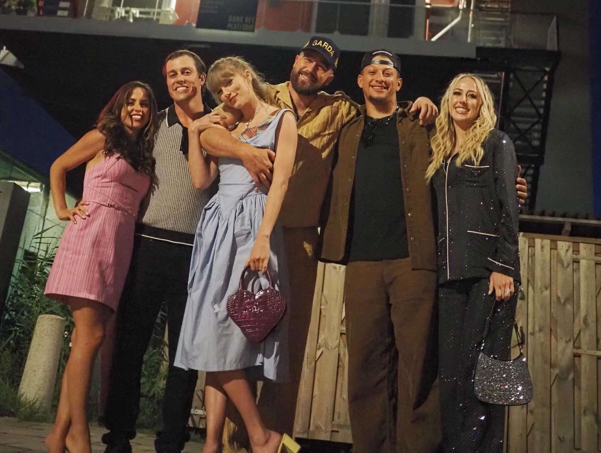 Brittany Mahomes, Patrick Mahomes, Travis Kelce, Taylor Swift, Summitt Hogue and Miranda Hogue.